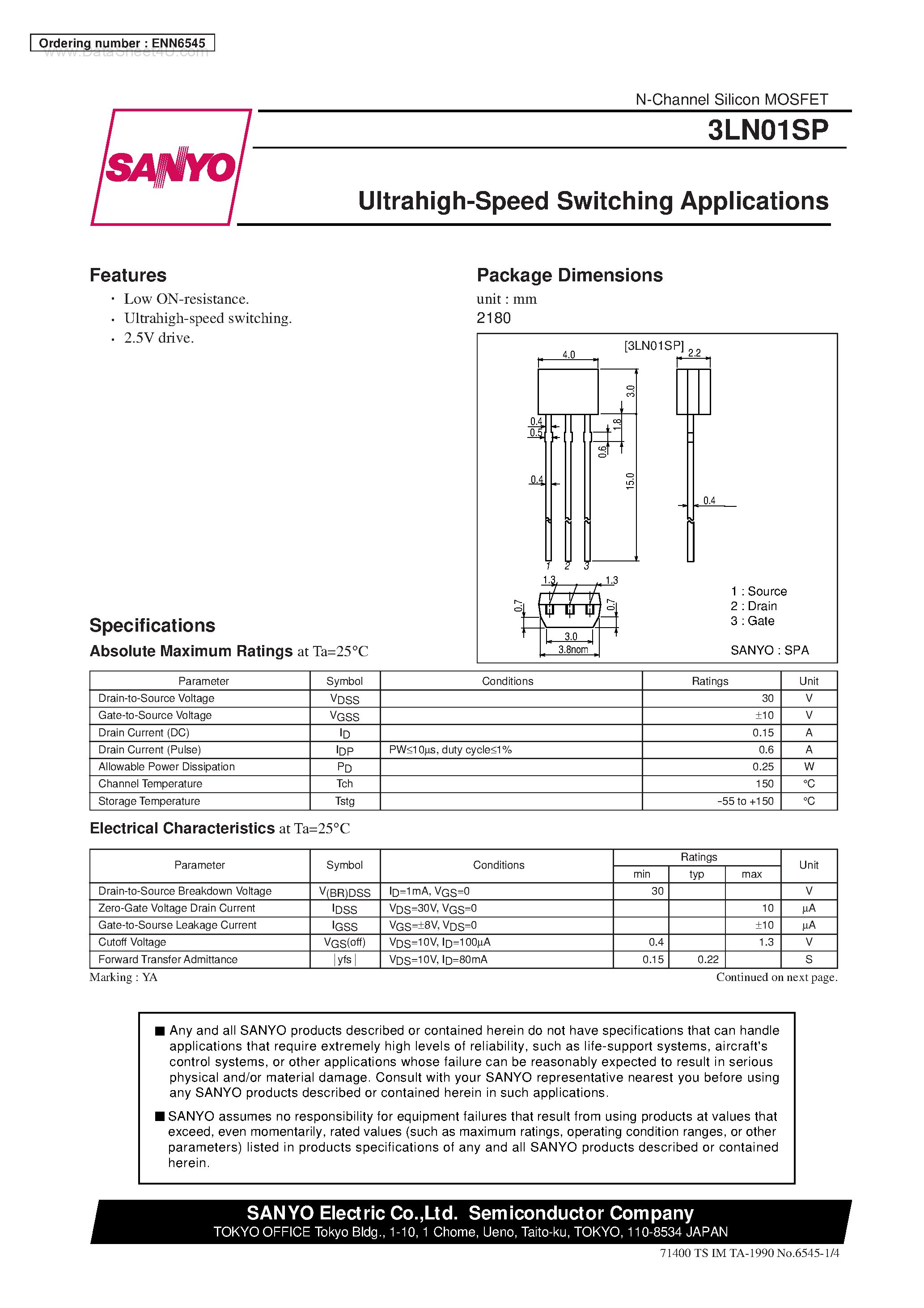 Даташит на микросхему 3LN01SP страница 1 Даташит 3LN01SP - Ultrahigh-Speed Switching Applications страница 1