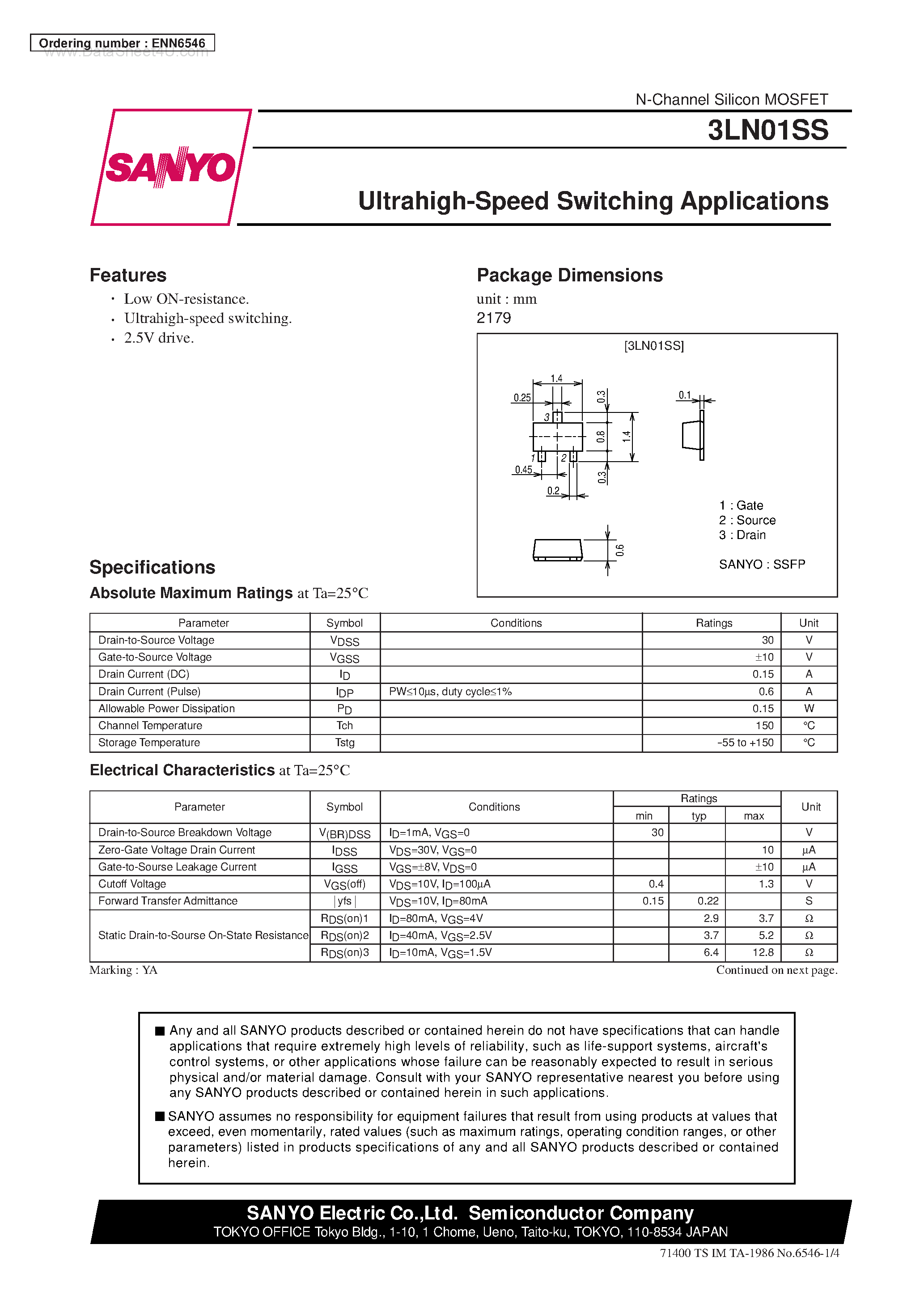 Даташит на микросхему 3LN01SS страница 1 Даташит 3LN01SS - Ultrahigh-Speed Switching Applications страница 1