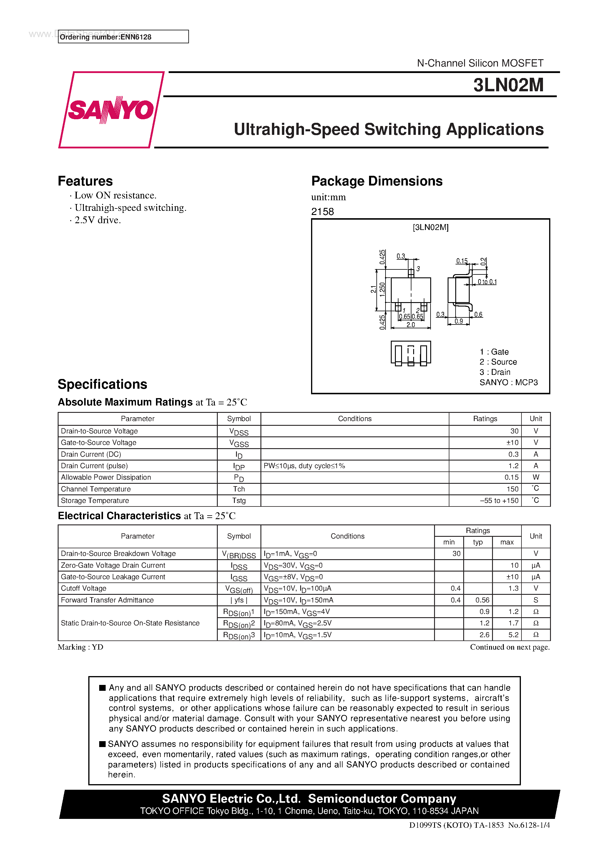 Даташит на микросхему 3LN02M страница 1 Даташит 3LN02M - Ultrahigh-Speed Switching Applications страница 1