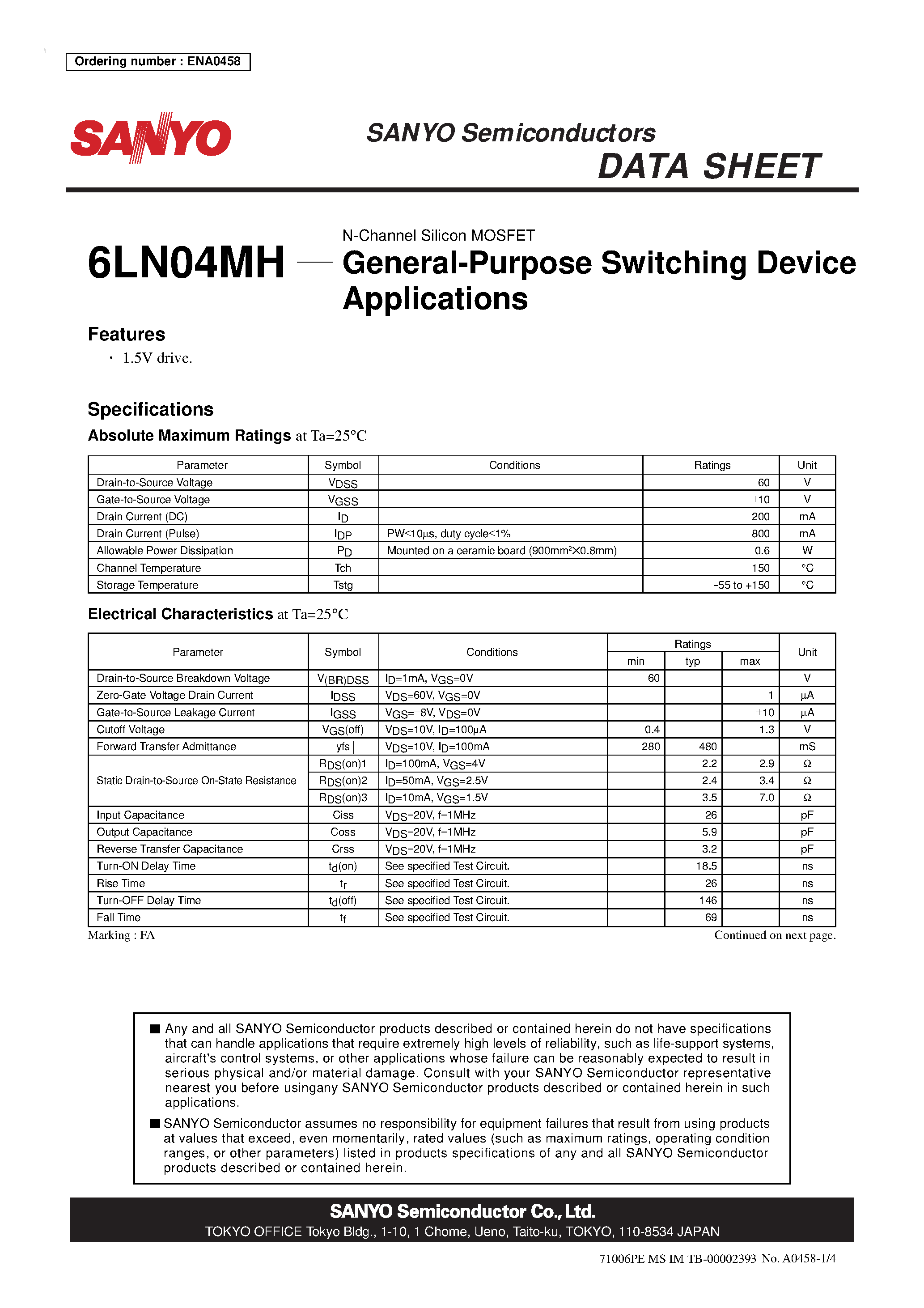 Даташит 6LN04MH - N-Channel Silicon MOSFET страница 1