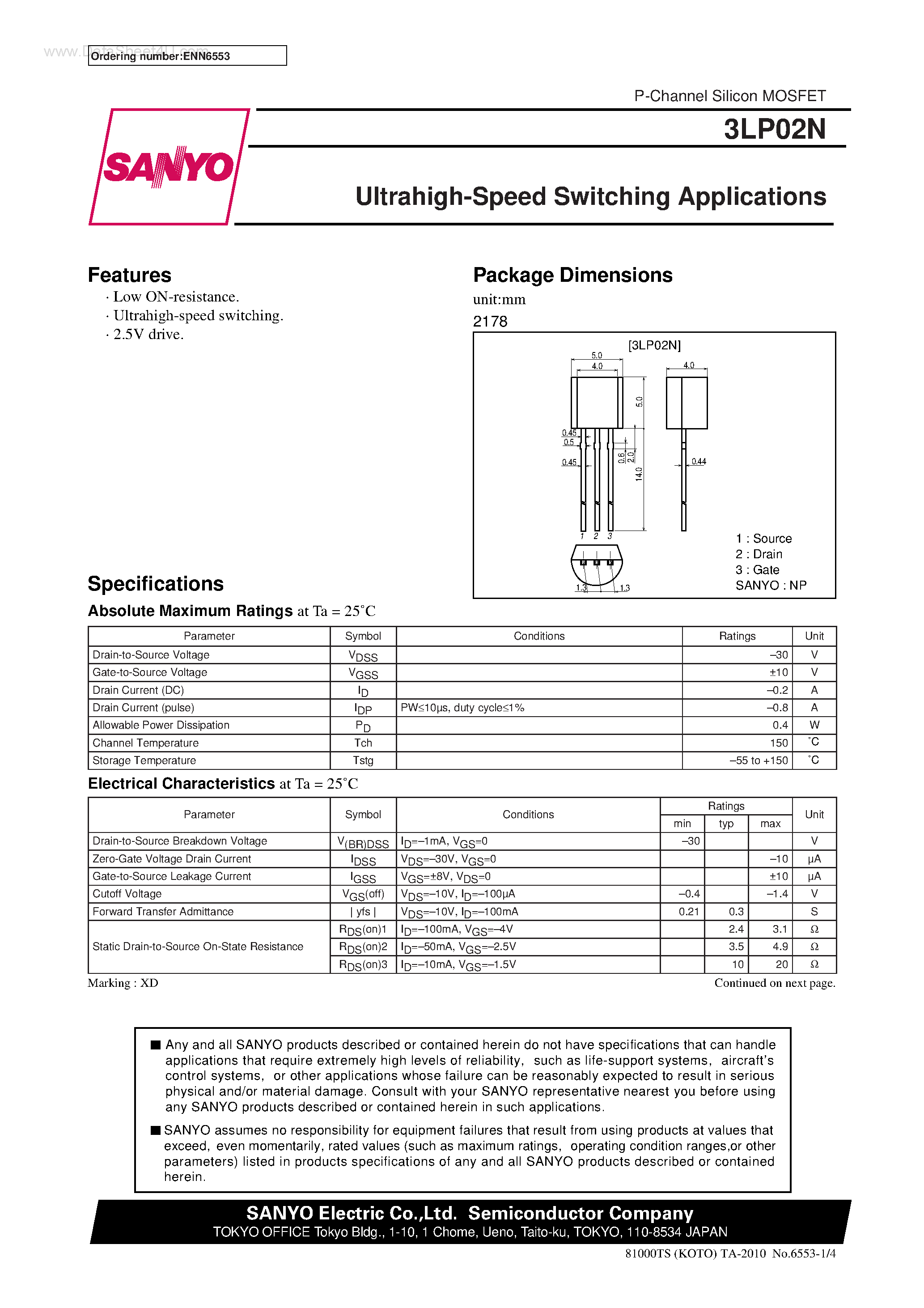 Даташит на микросхему 3LP02N страница 1 Даташит 3LP02N - Ultrahigh-Speed Switching Applications страница 1
