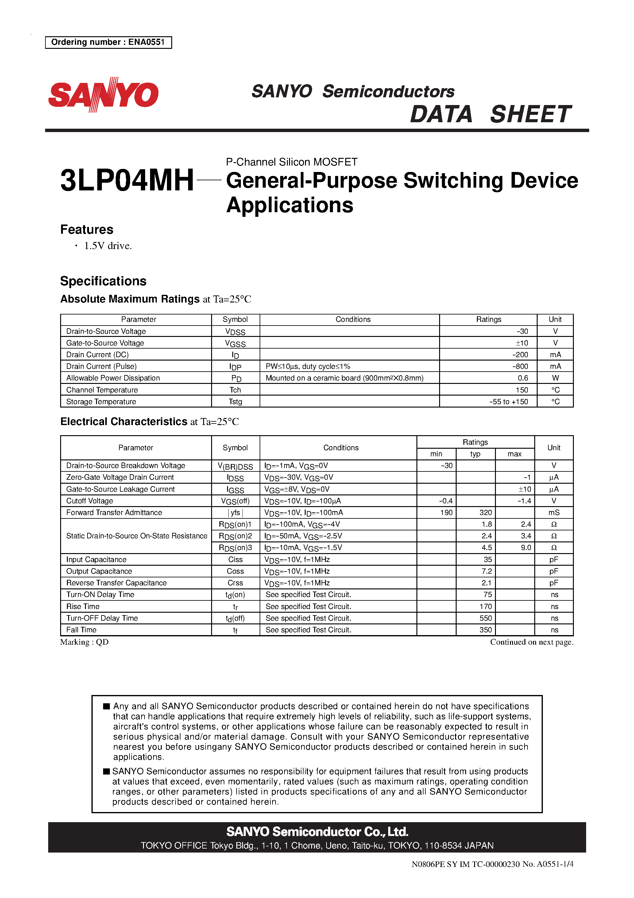 Даташит 3LP04MH - P-Channel Silicon MOSFET страница 1