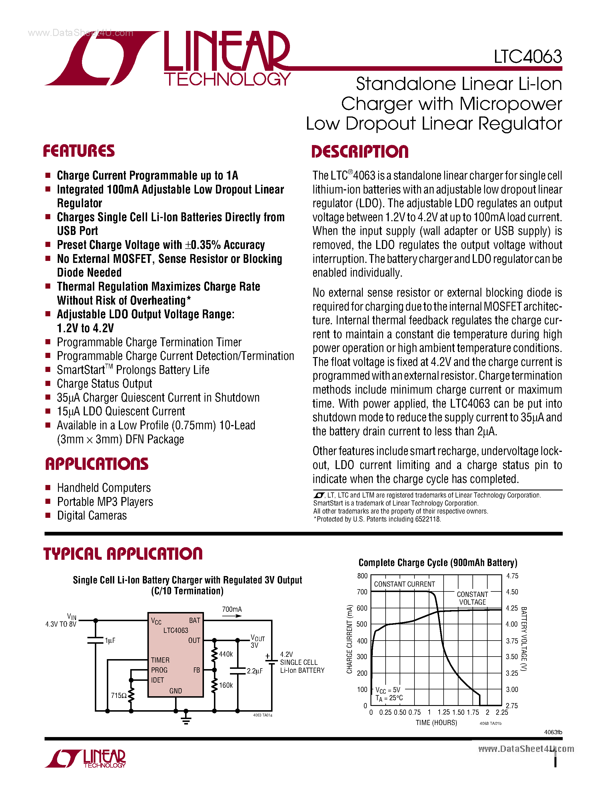 Datasheet LTC4063 - Standalone Linear Li-lon Battery Charger page 1