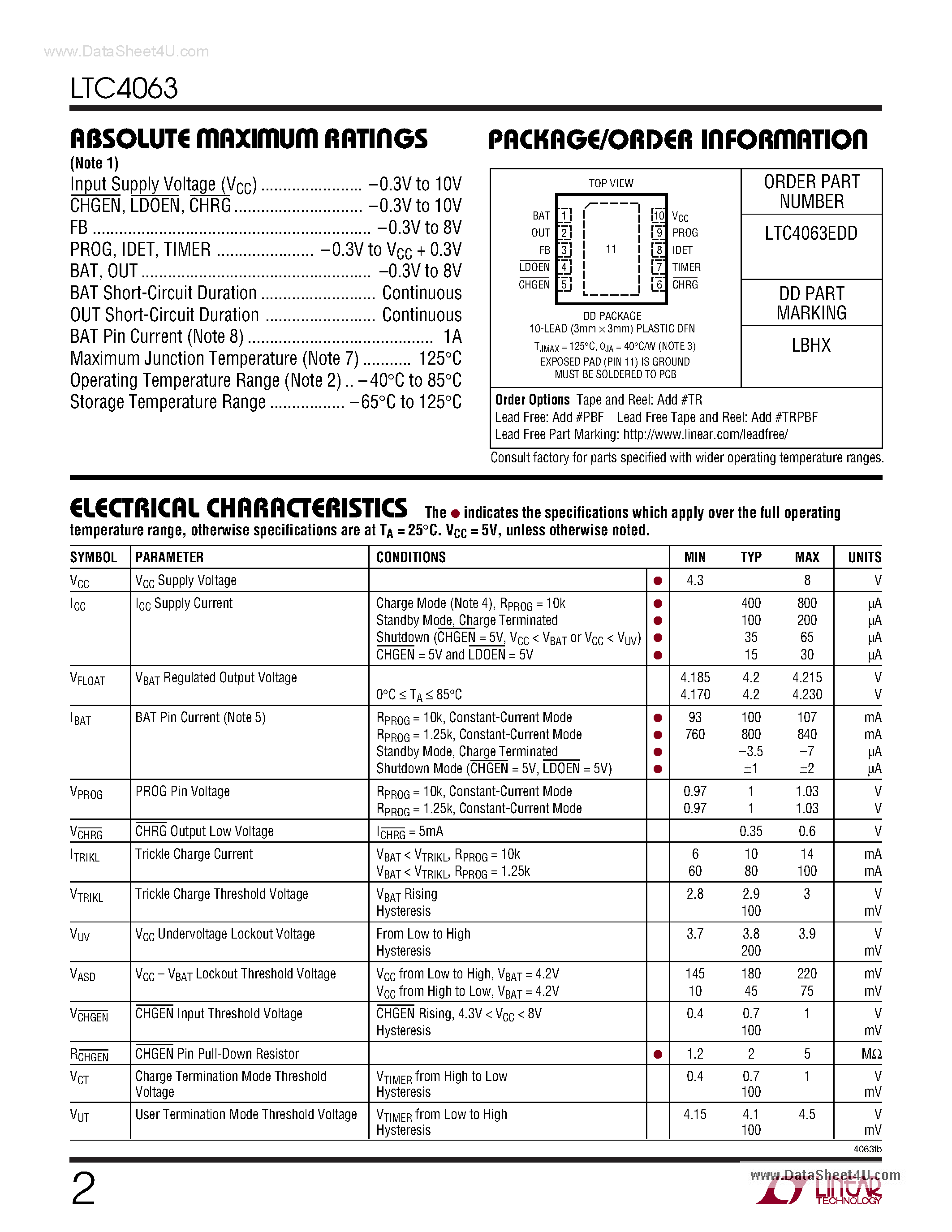 Datasheet LTC4063 - Standalone Linear Li-lon Battery Charger page 2