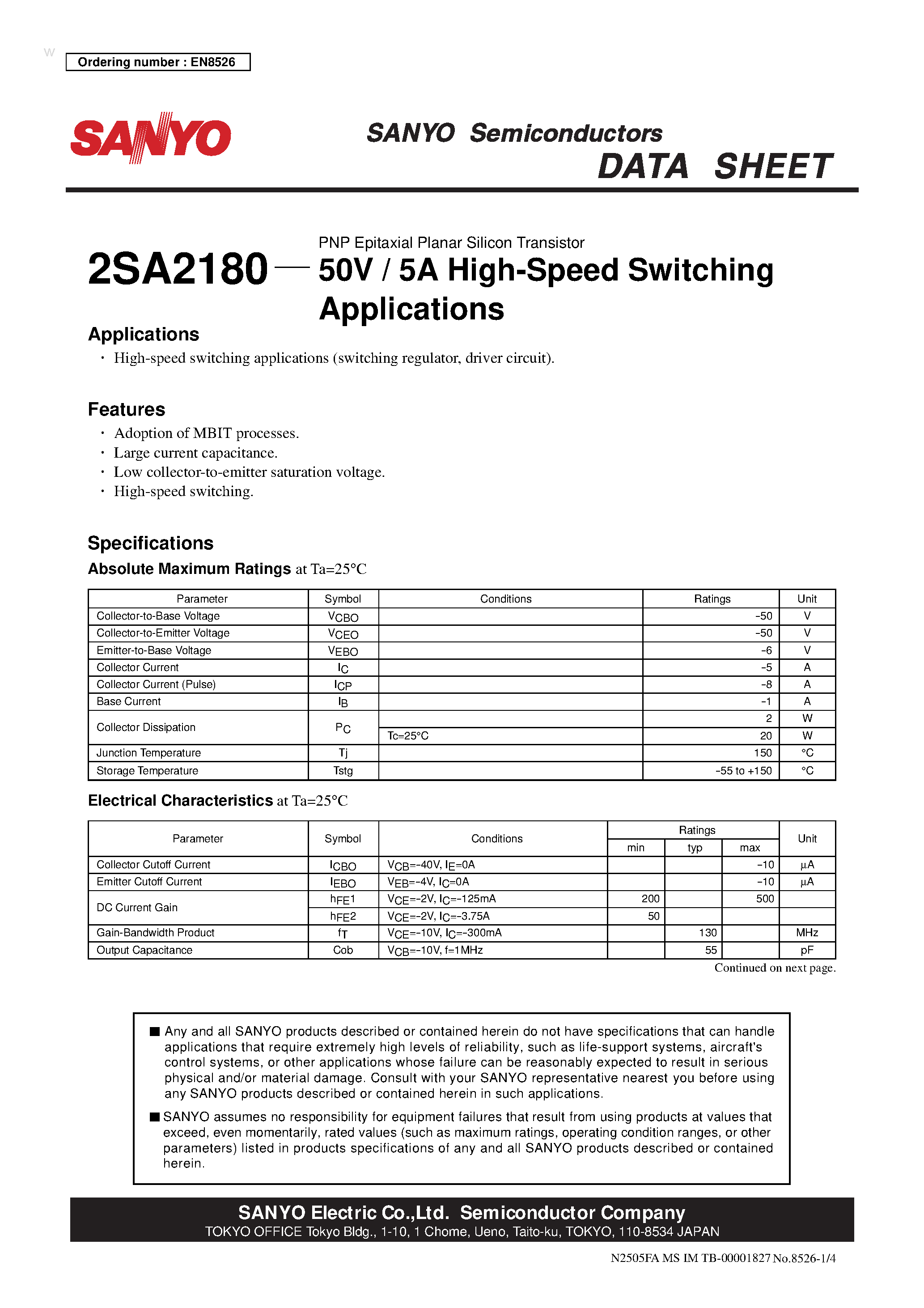 Datasheet 2SA2180 - PNP Epitaxial Planar Silicon Transistor page 1