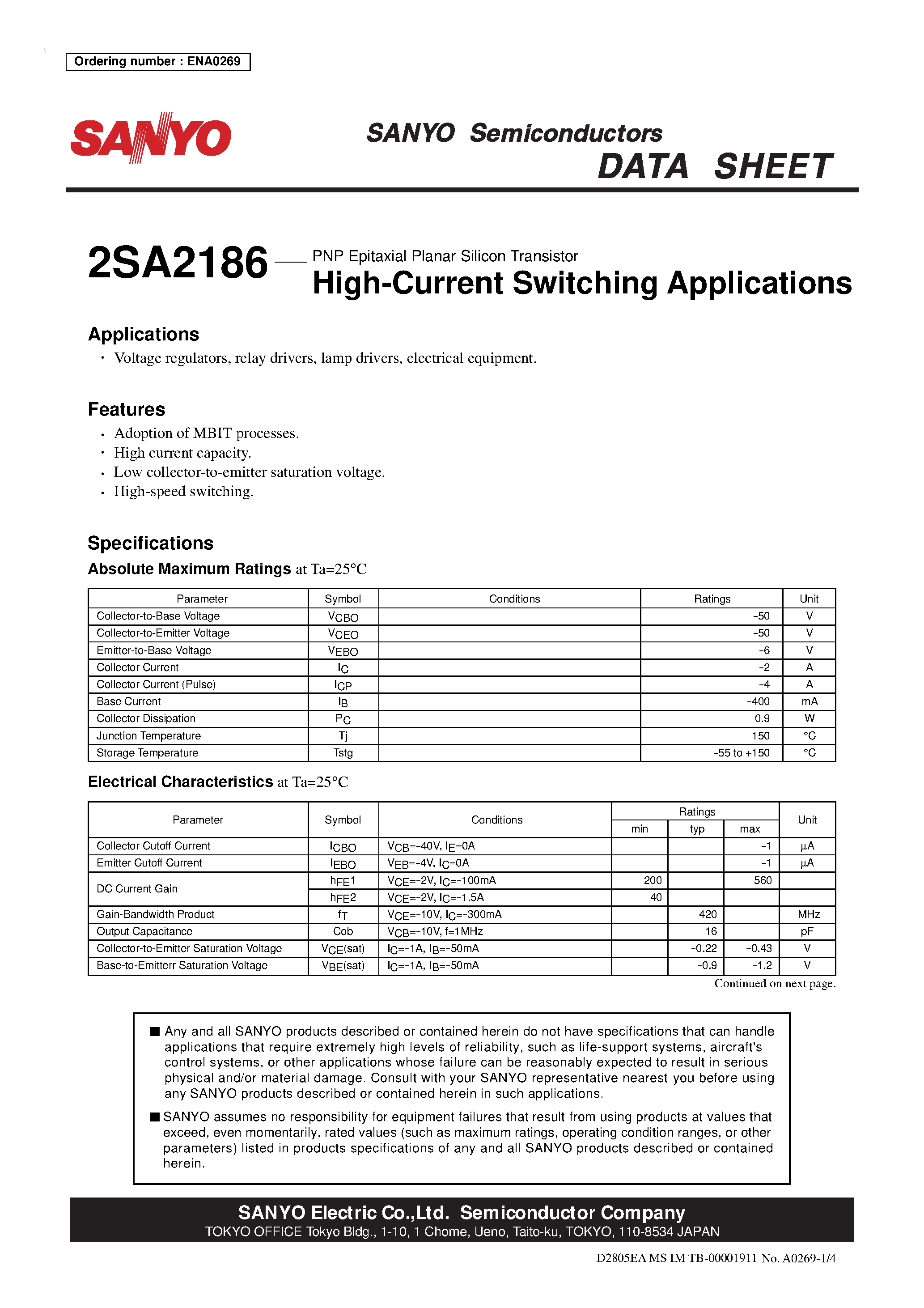 Datasheet 2SA2186 - PNP Epitaxial Planar Silicon Transistor page 1