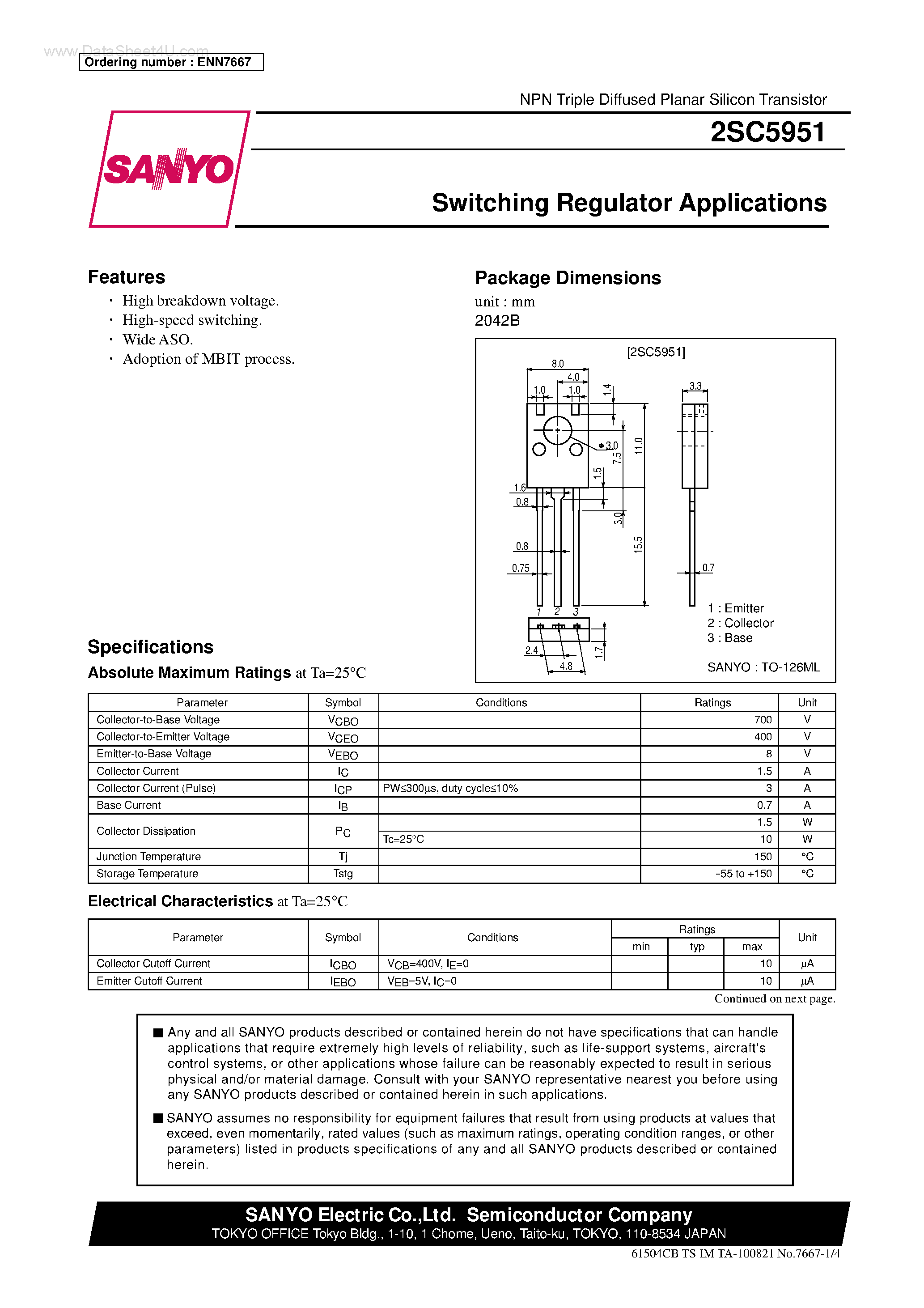 Даташит на микросхему 2SC5951 страница 1 Даташит 2SC5951 - Switching Regulator Applications страница 1