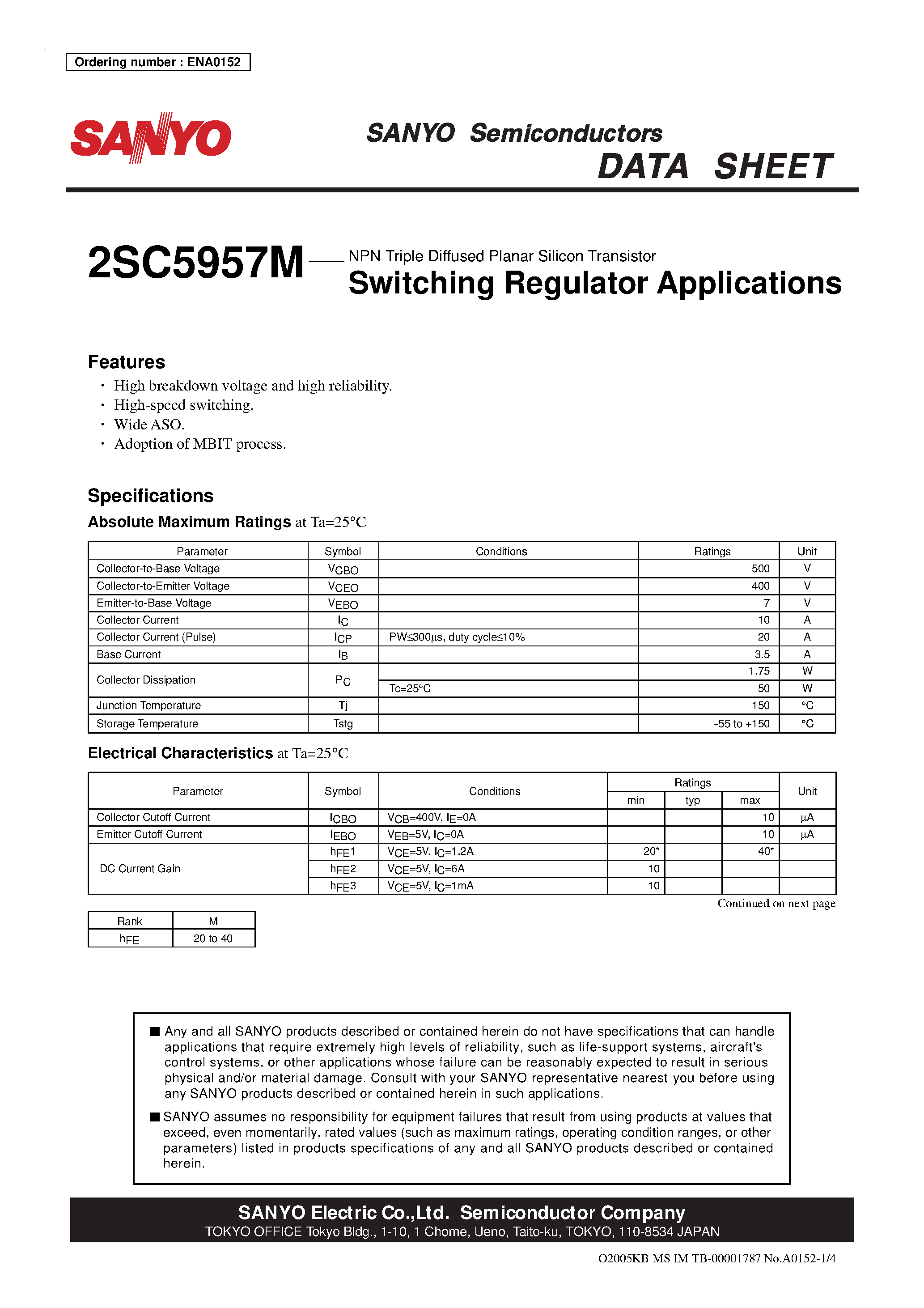 Даташит на микросхему 2SC5957M страница 1 Даташит 2SC5957M - Switching Regulator Applications страница 1