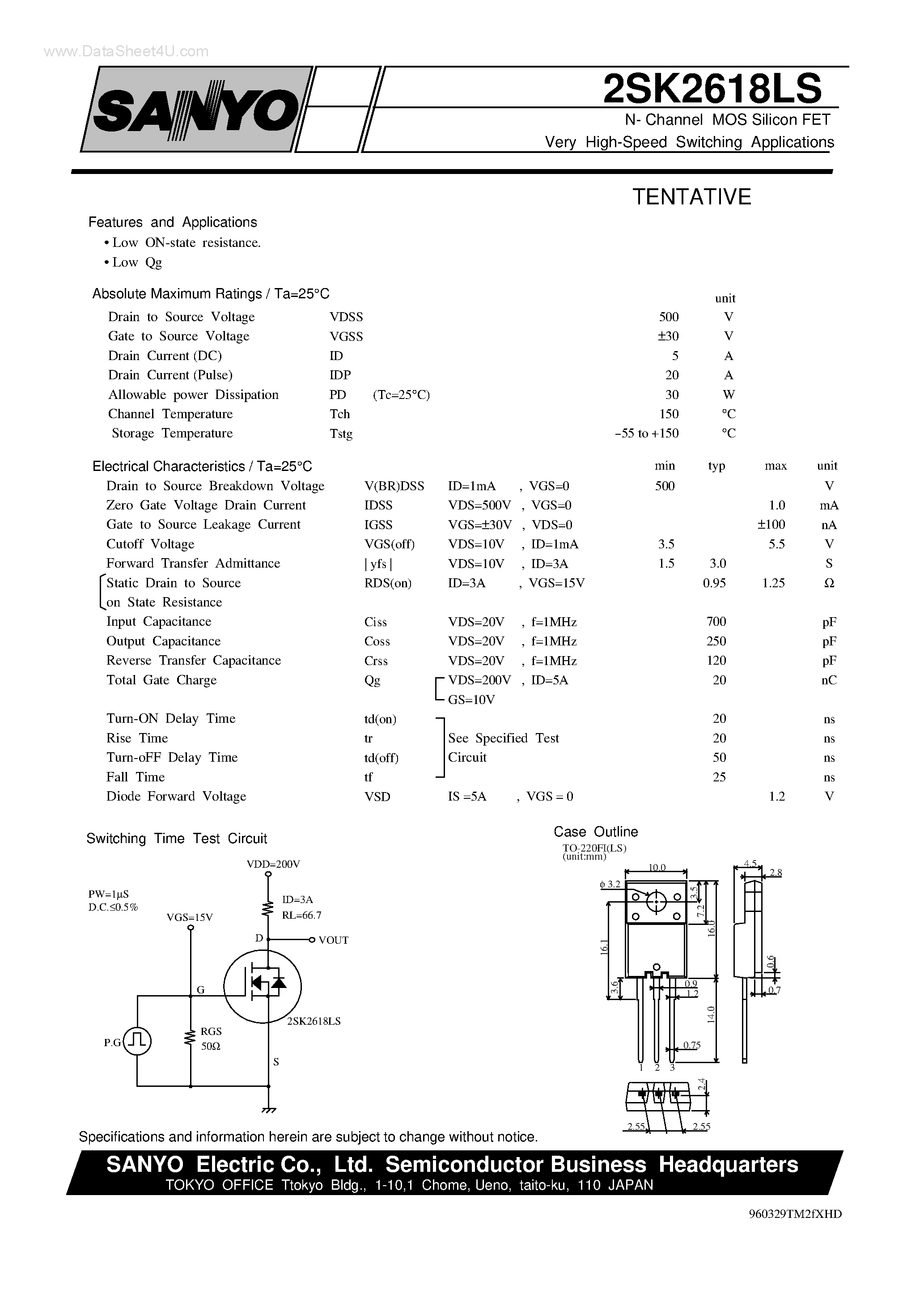 Datasheet 2SK2618LS - N- Channel MOS Silicon FET Very High-Speed Switching Applications page 1