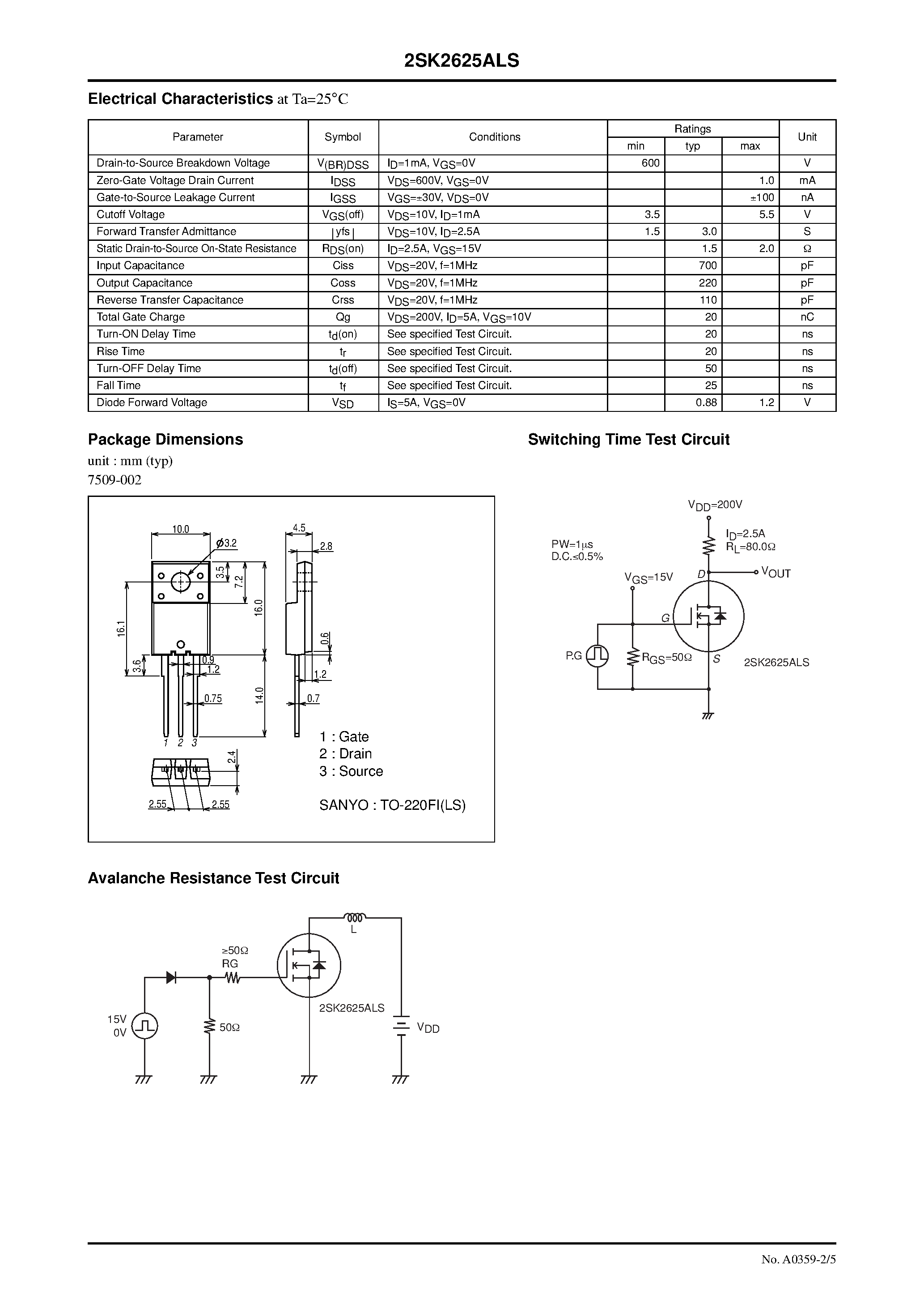 Datasheet 2SK2625ALS - N-Channel Silicon MOSFET page 2