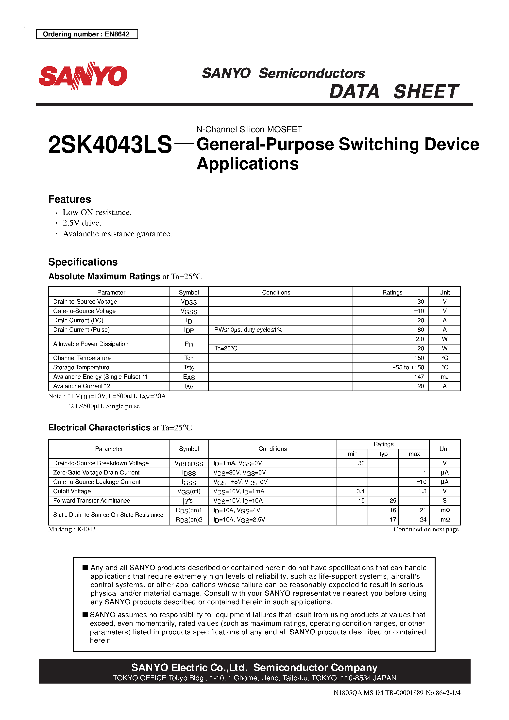 Datasheet 2SK4043LS - N-Channel Silicon MOSFET page 1