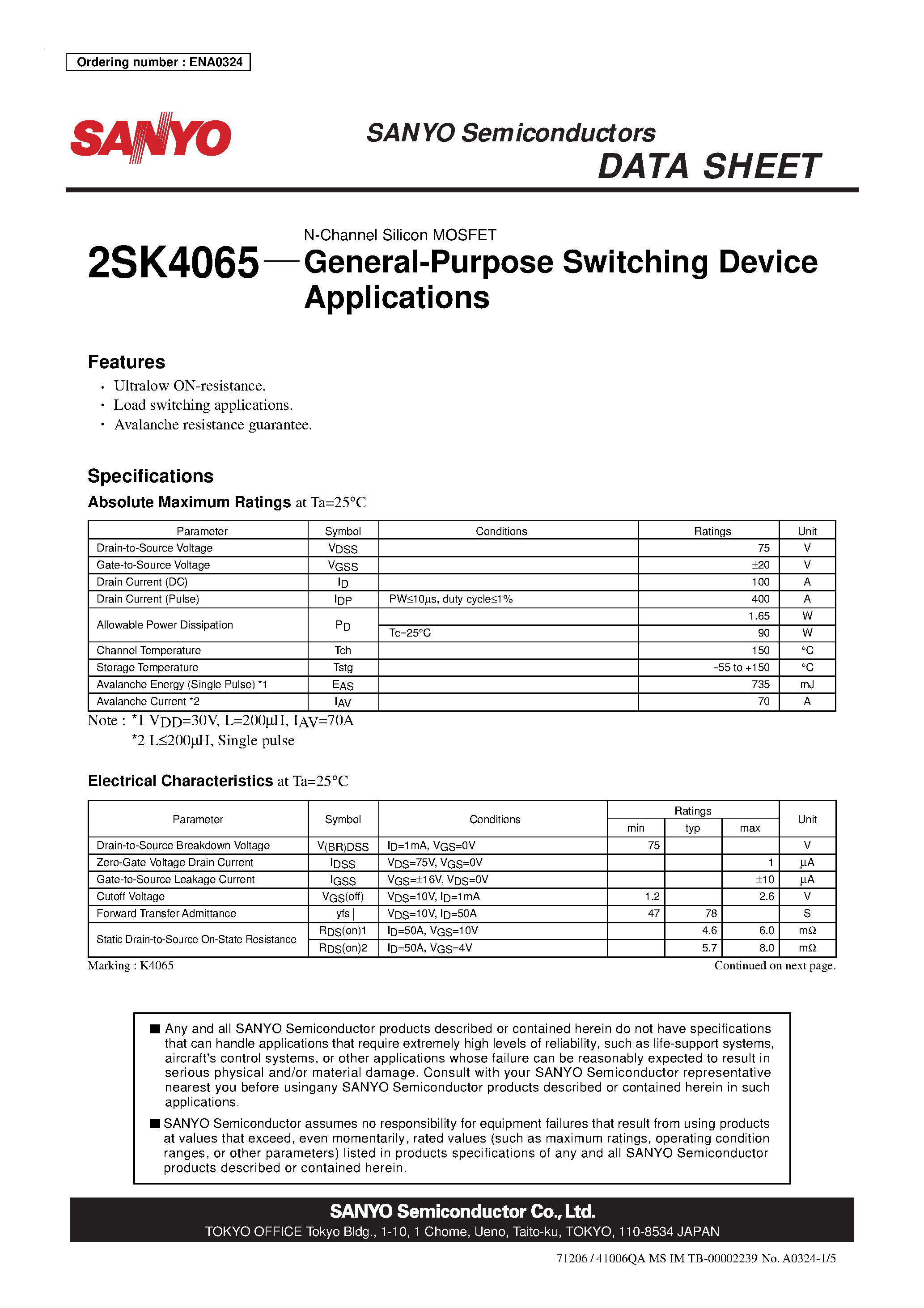 Datasheet 2SK4065 - N-Channel Silicon MOSFET page 1