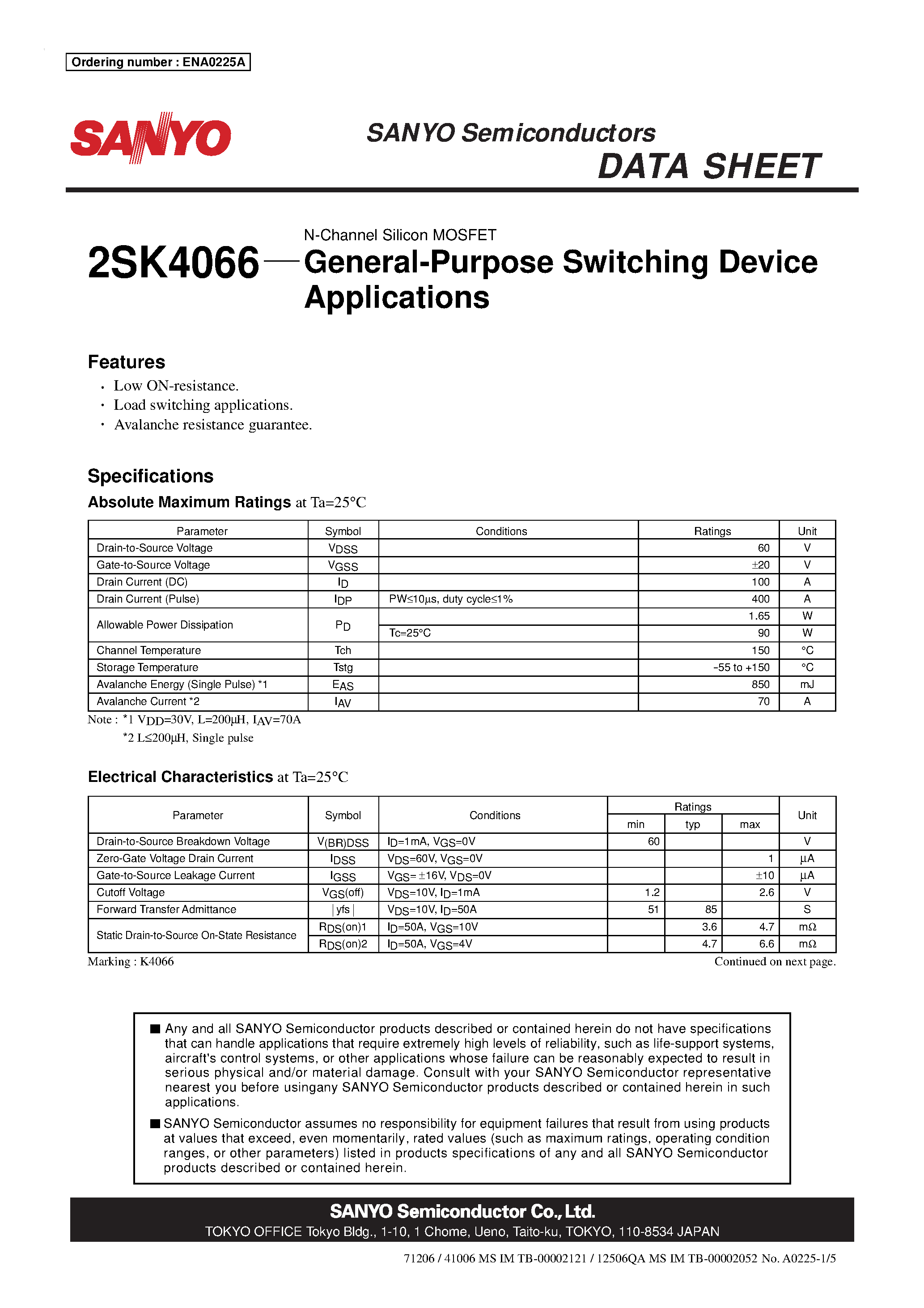 Datasheet 2SK4066 - N-Channel Silicon MOSFET page 1