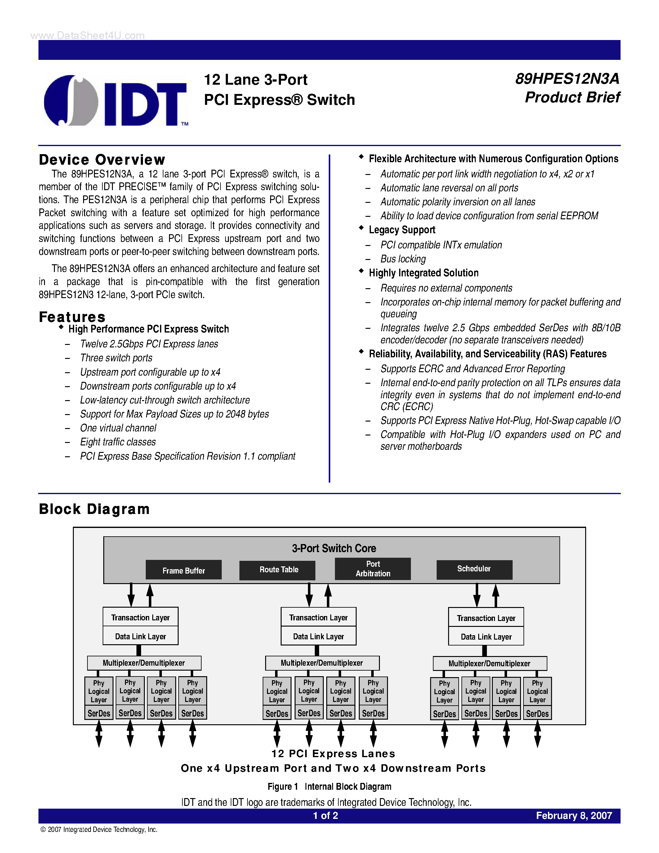 Datasheet 89HPES12N3A - 12 Lane 3-Port PCI Express Switch page 1