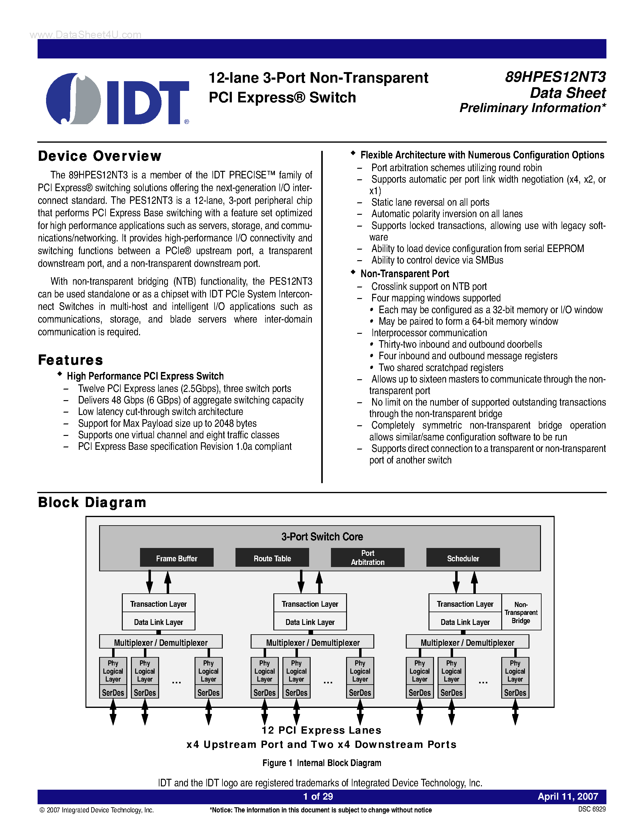 Datasheet 89HPES12NT3 - 12-lane 3-Port Non-Transparent PCI Express Switch page 1