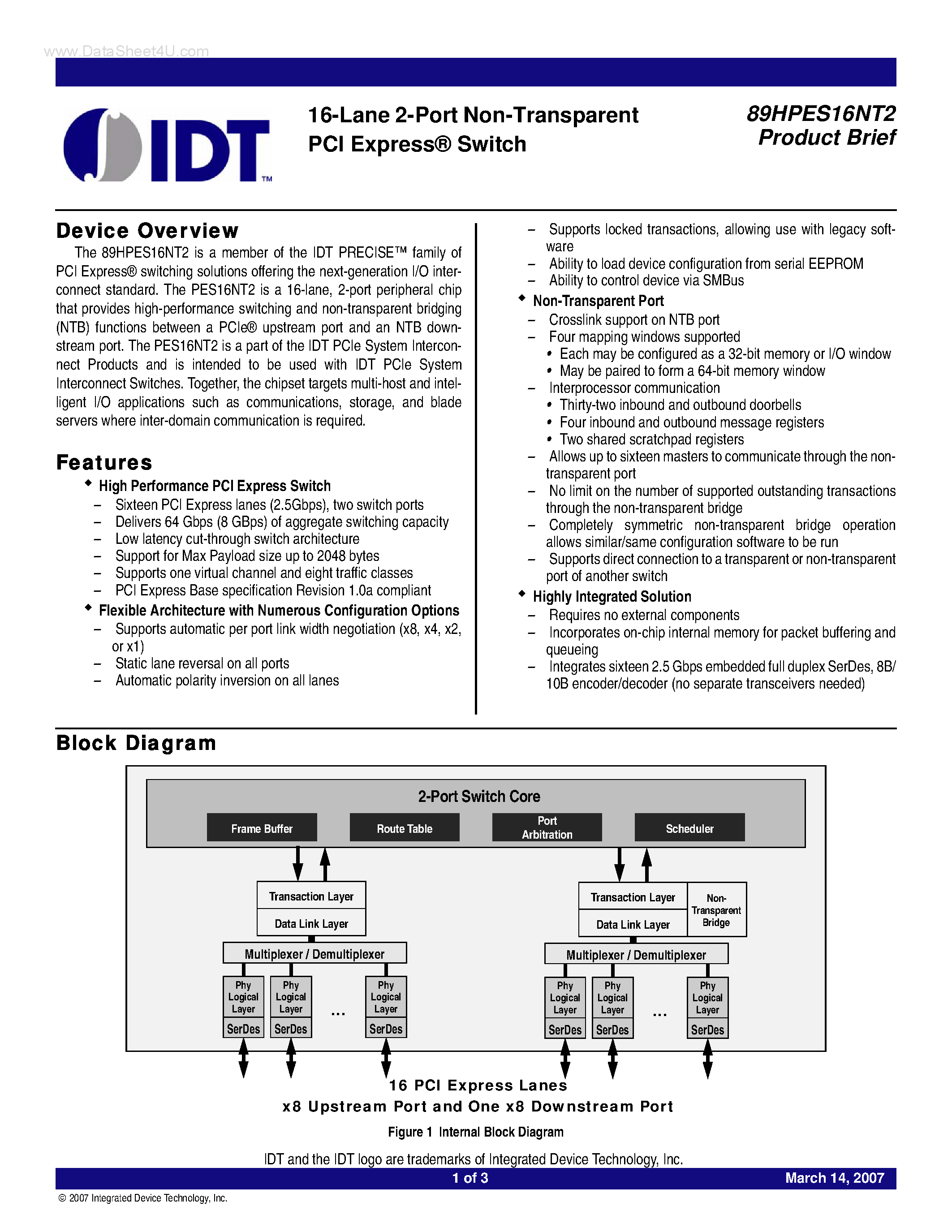 Datasheet 89HPES16NT2 - 16-Lane 2-Port Non-Transparent PCI Express Switch page 1