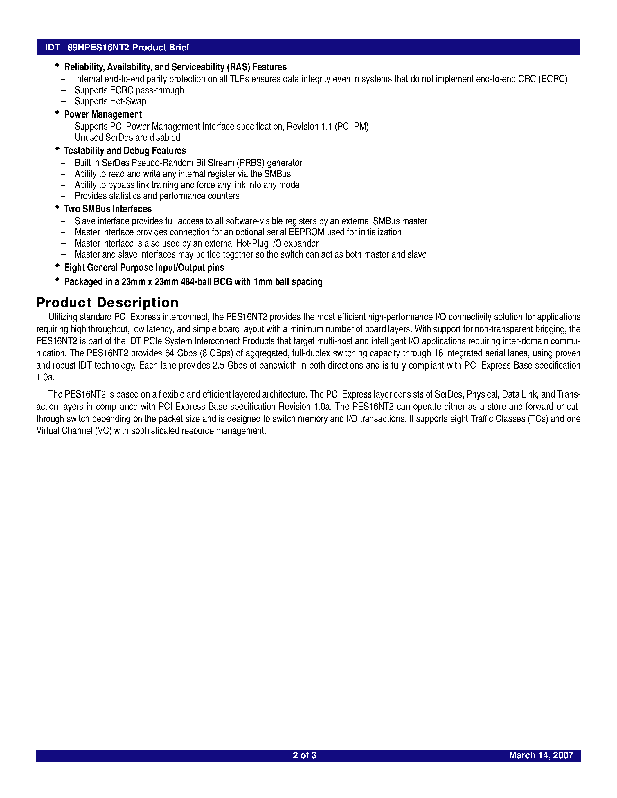 Datasheet 89HPES16NT2 - 16-Lane 2-Port Non-Transparent PCI Express Switch page 2