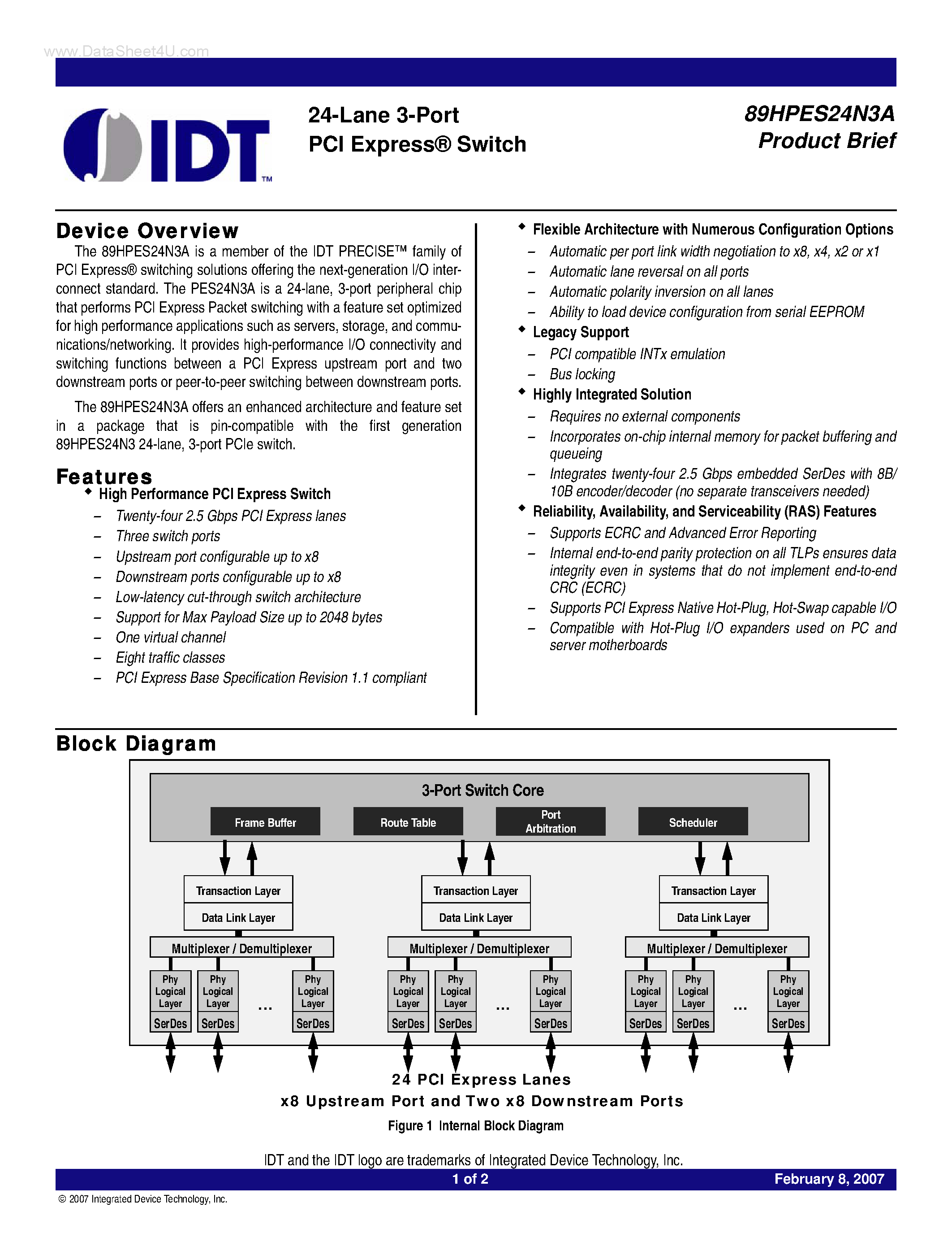 Datasheet 89HPES24N3A - 24-Lane 3-Port PCI Express Switch page 1