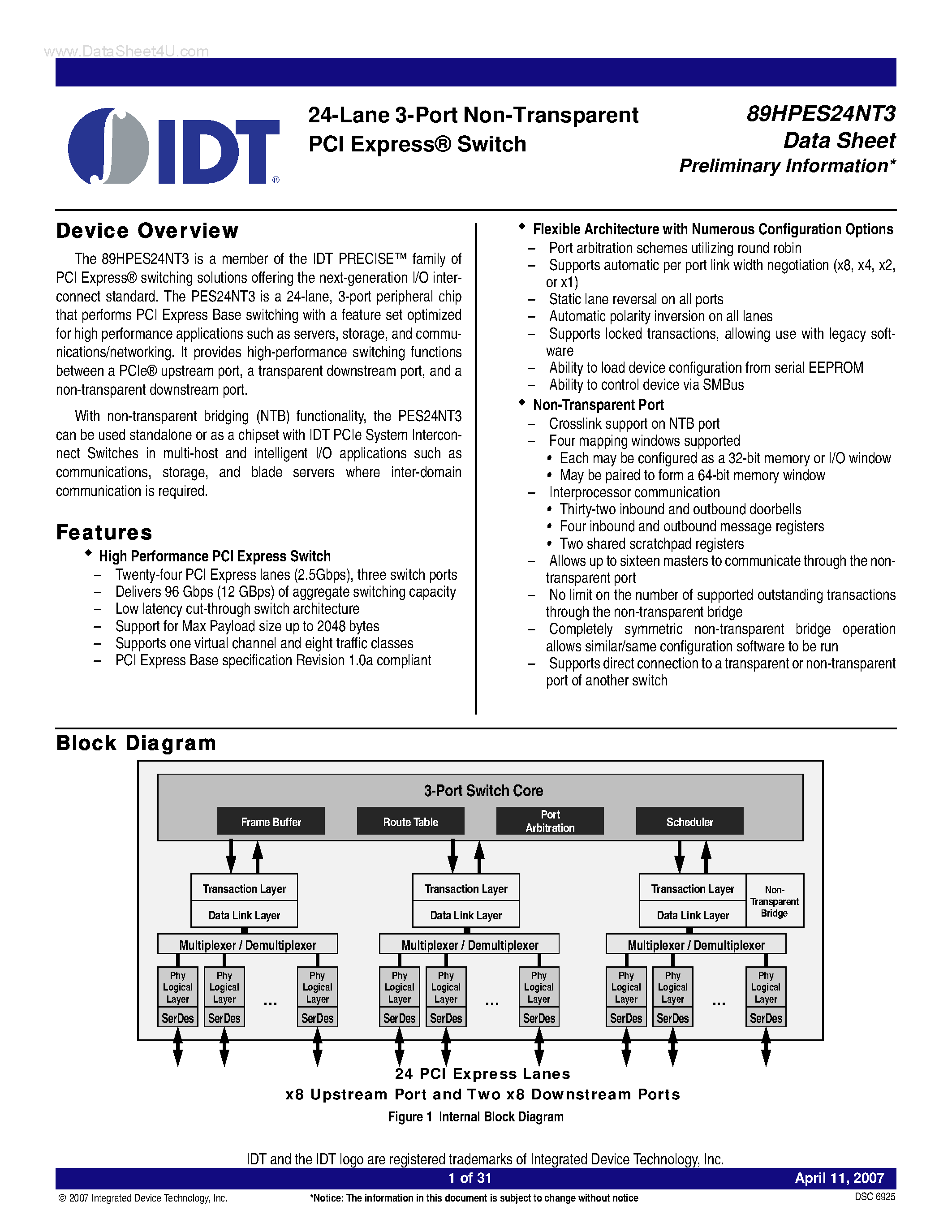 Datasheet 89HPES24NT3 - 24-Lane 3-Port Non-Transparent PCI Express Switch page 1