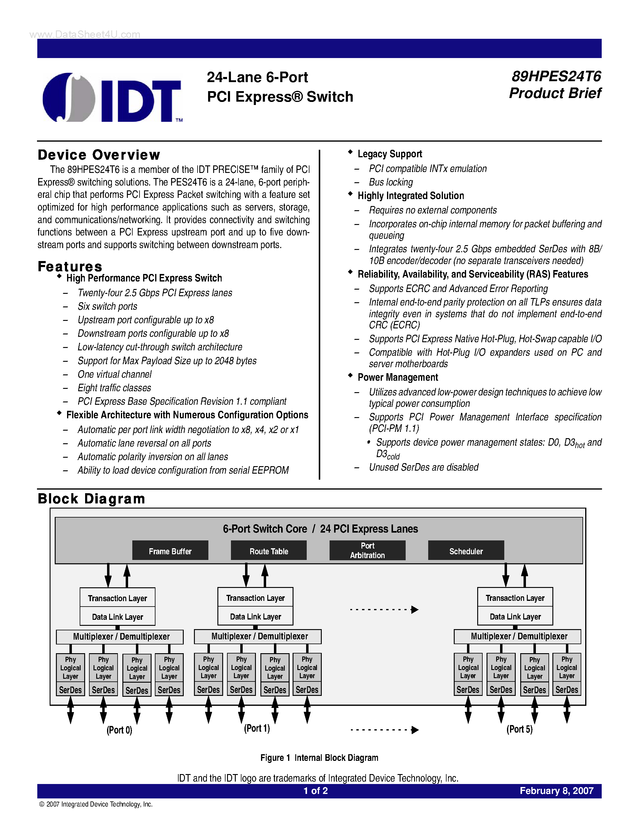 Datasheet 89HPES24T6 - 24-Lane 6-Port PCI Express Switch page 1