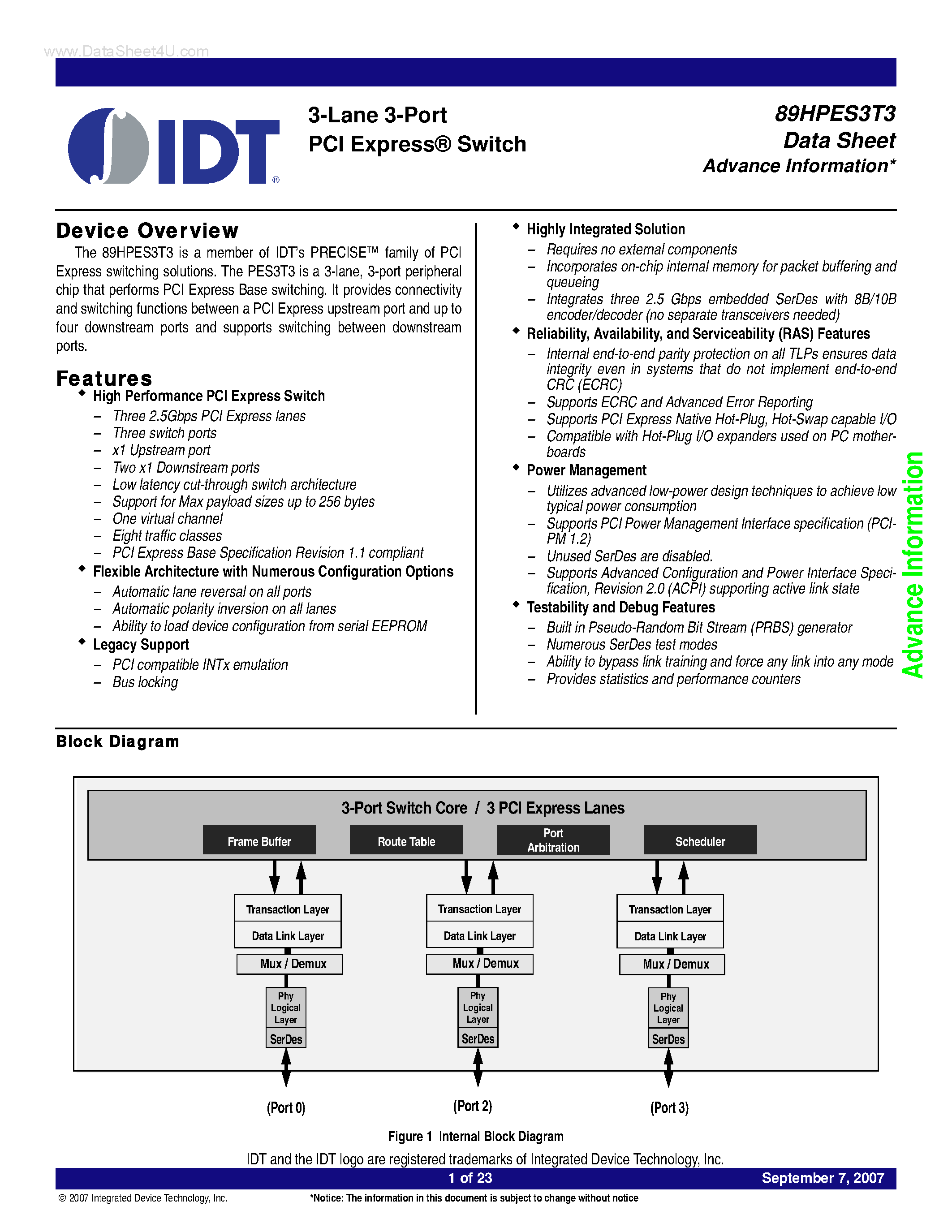 Datasheet 89HPES3T3 - 3-Lane 3-Port PCI Express Switch page 1