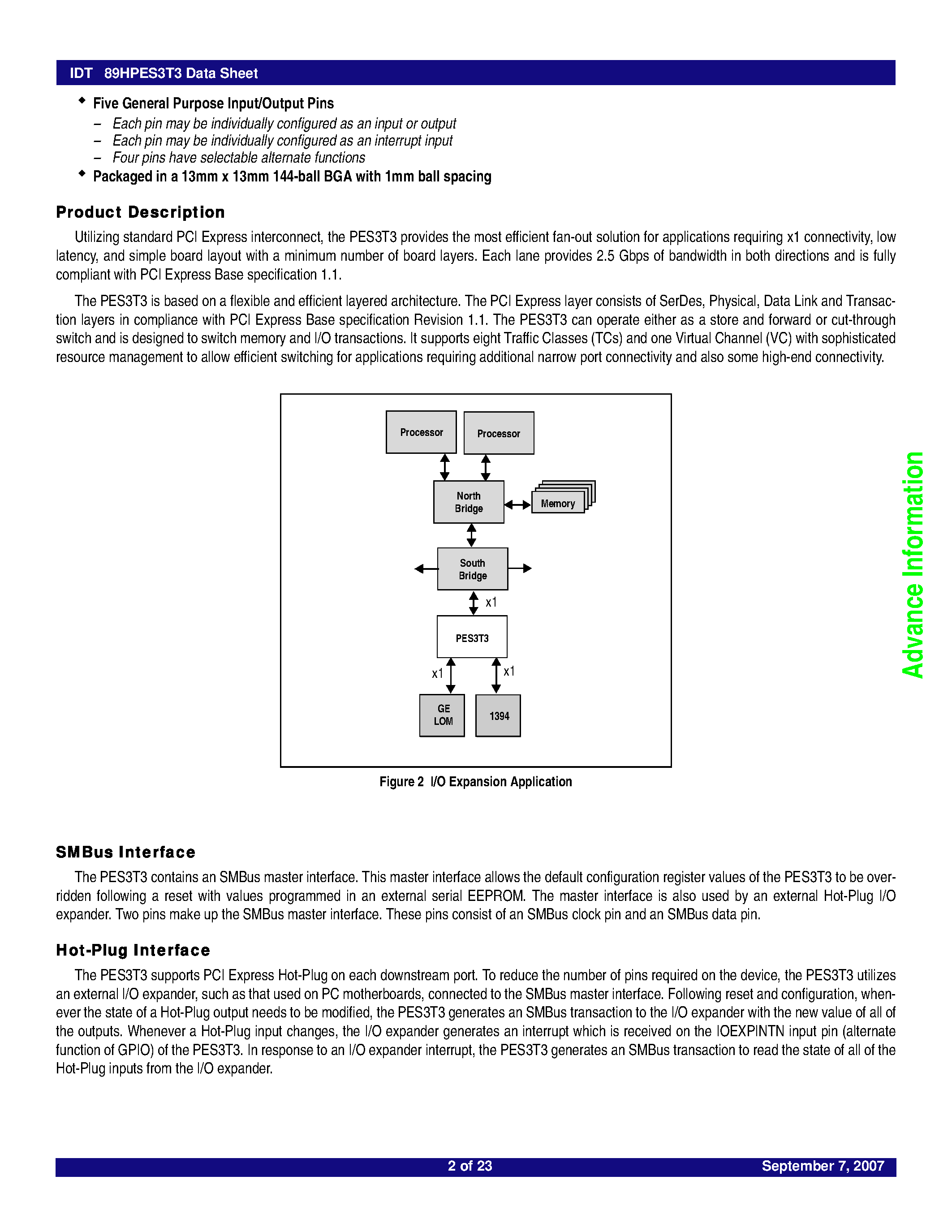 Datasheet 89HPES3T3 - 3-Lane 3-Port PCI Express Switch page 2