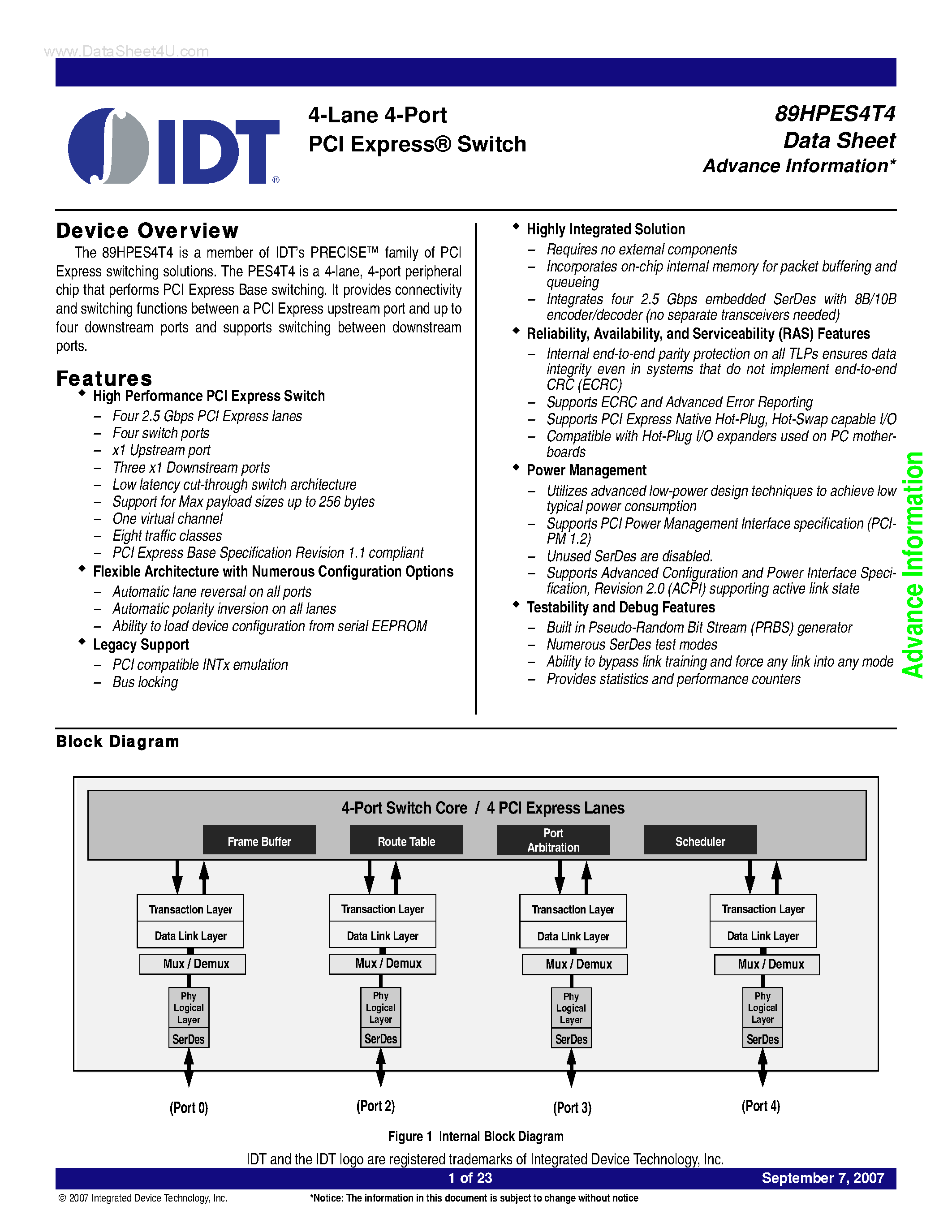 Datasheet 89HPES4T4 - 4-Lane 4-Port PCI Express Switch page 1
