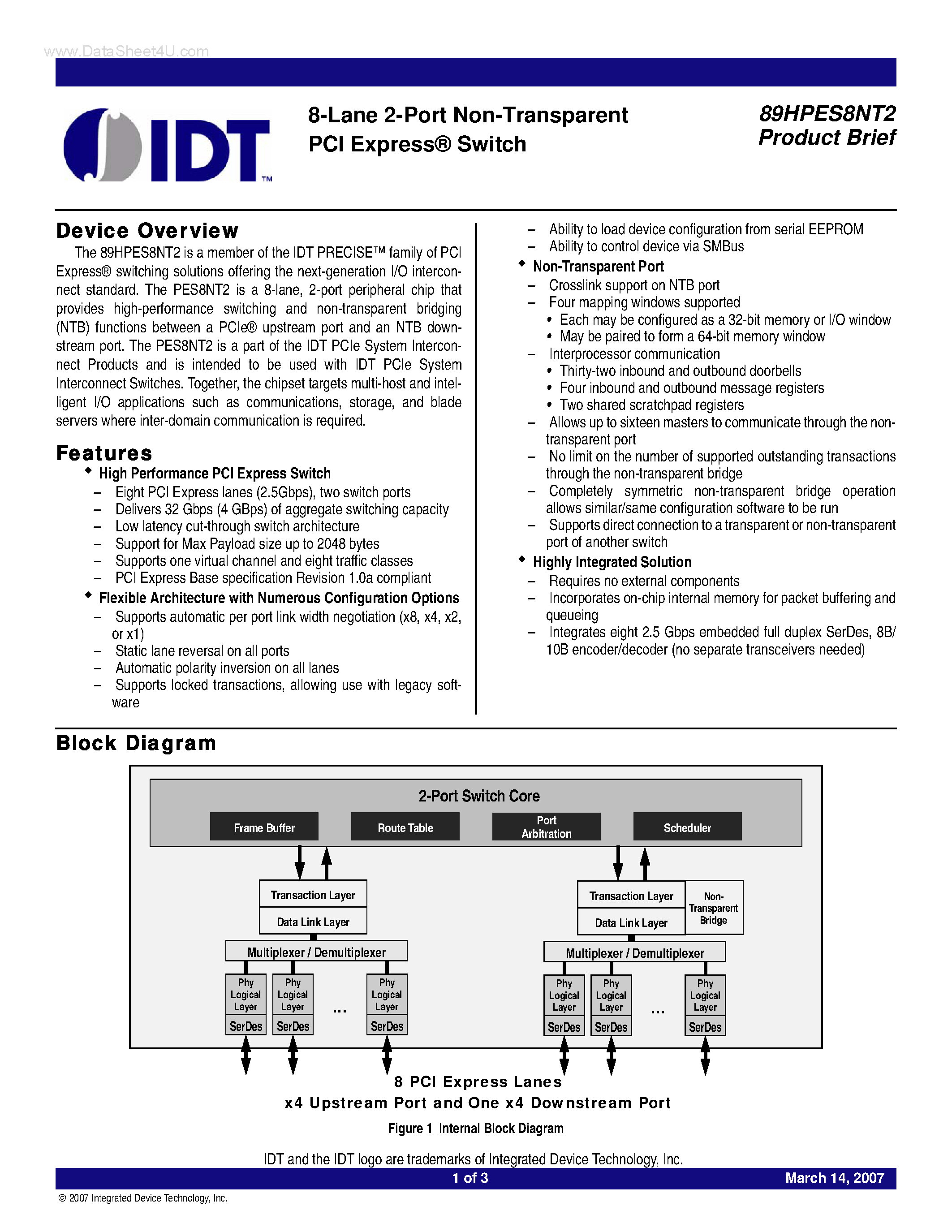 Datasheet 89HPES8NT2 page 1 Datasheet 89HPES8NT2 - 8-Lane 2-Port Non-Transparent PCI Express Switch page 1