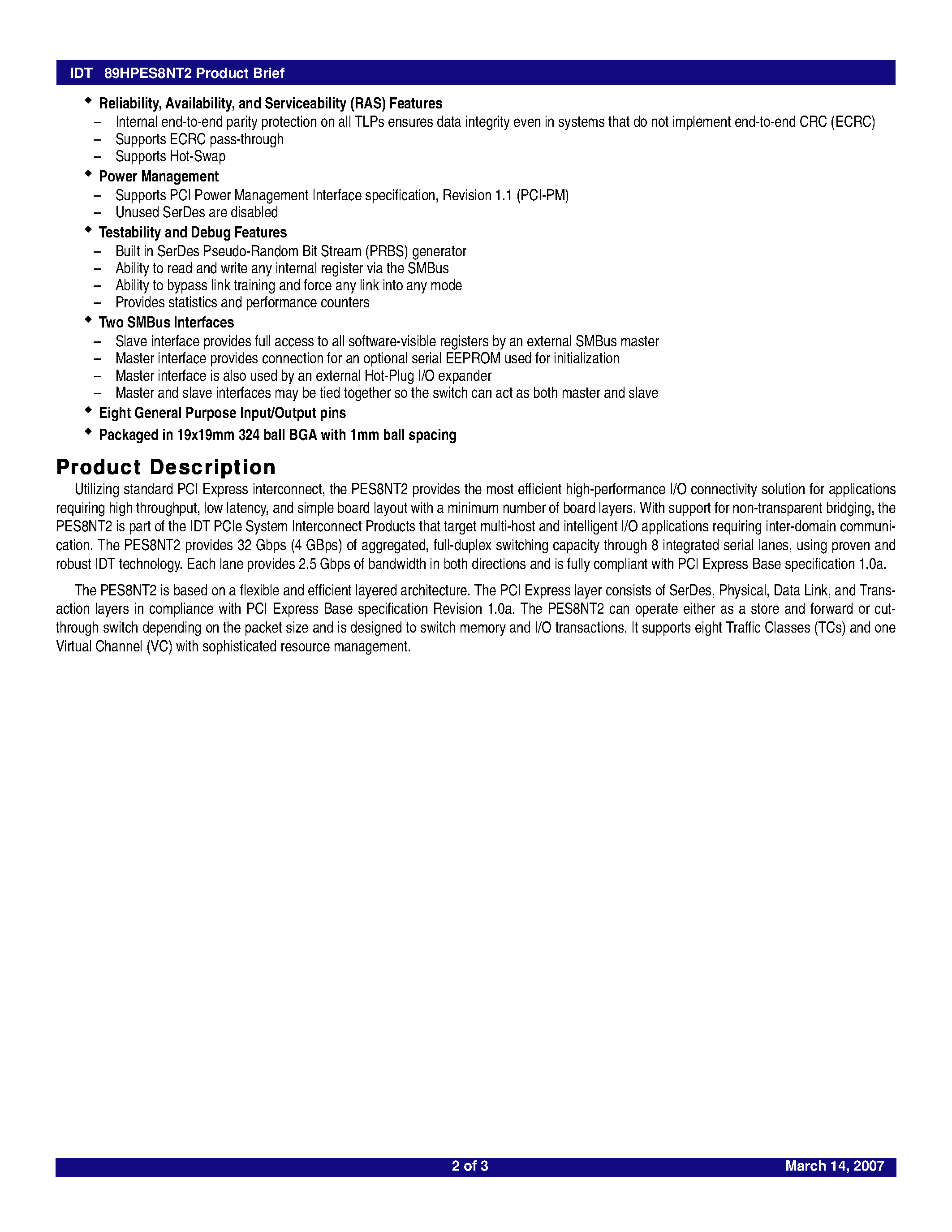 Datasheet 89HPES8NT2 page 2 Datasheet 89HPES8NT2 - 8-Lane 2-Port Non-Transparent PCI Express Switch page 2