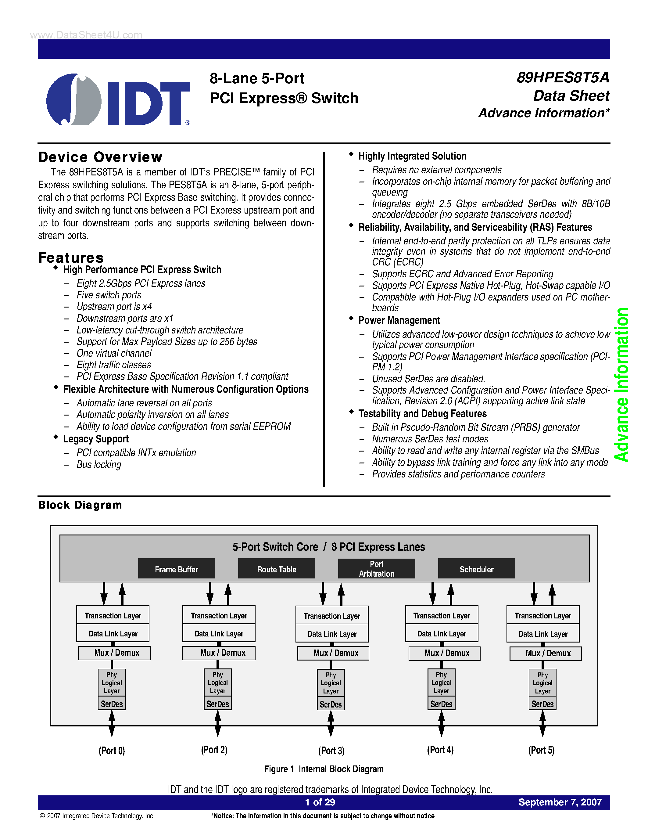 Datasheet 89HPES8T5A page 1 Datasheet 89HPES8T5A - 8-Lane 5-Port PCI Express Switch page 1