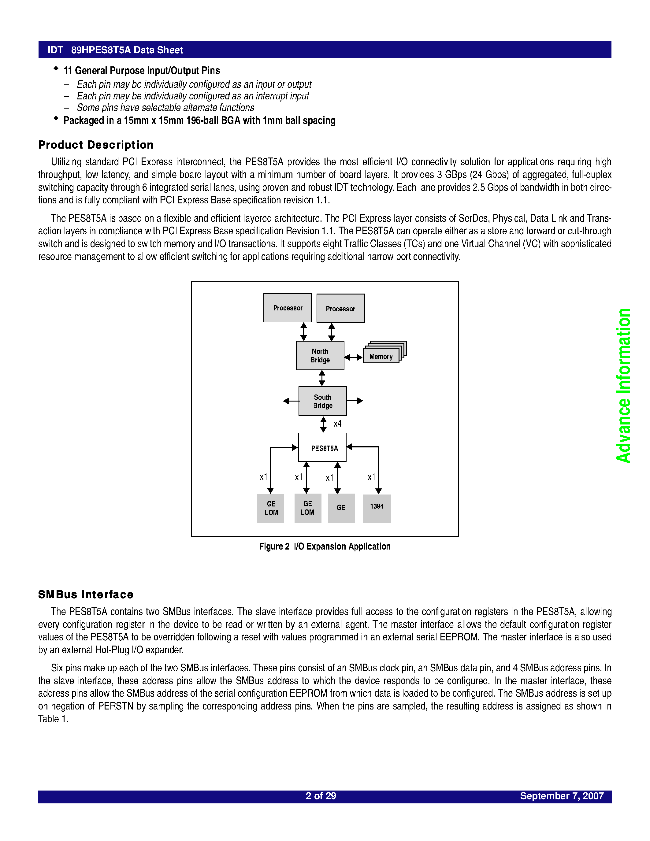 Datasheet 89HPES8T5A page 2 Datasheet 89HPES8T5A - 8-Lane 5-Port PCI Express Switch page 2