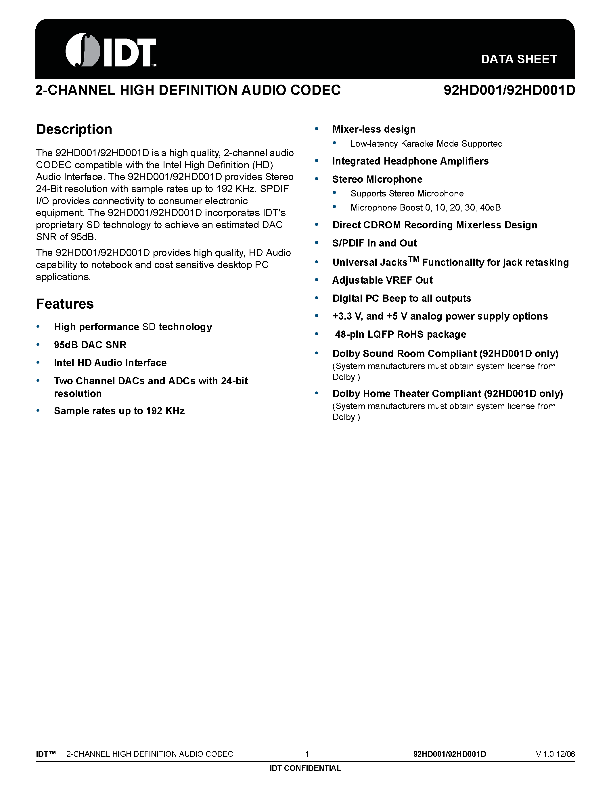 Datasheet 92HD001 - 2-CHANNEL HIGH DEFINITION AUDIO CODEC page 1