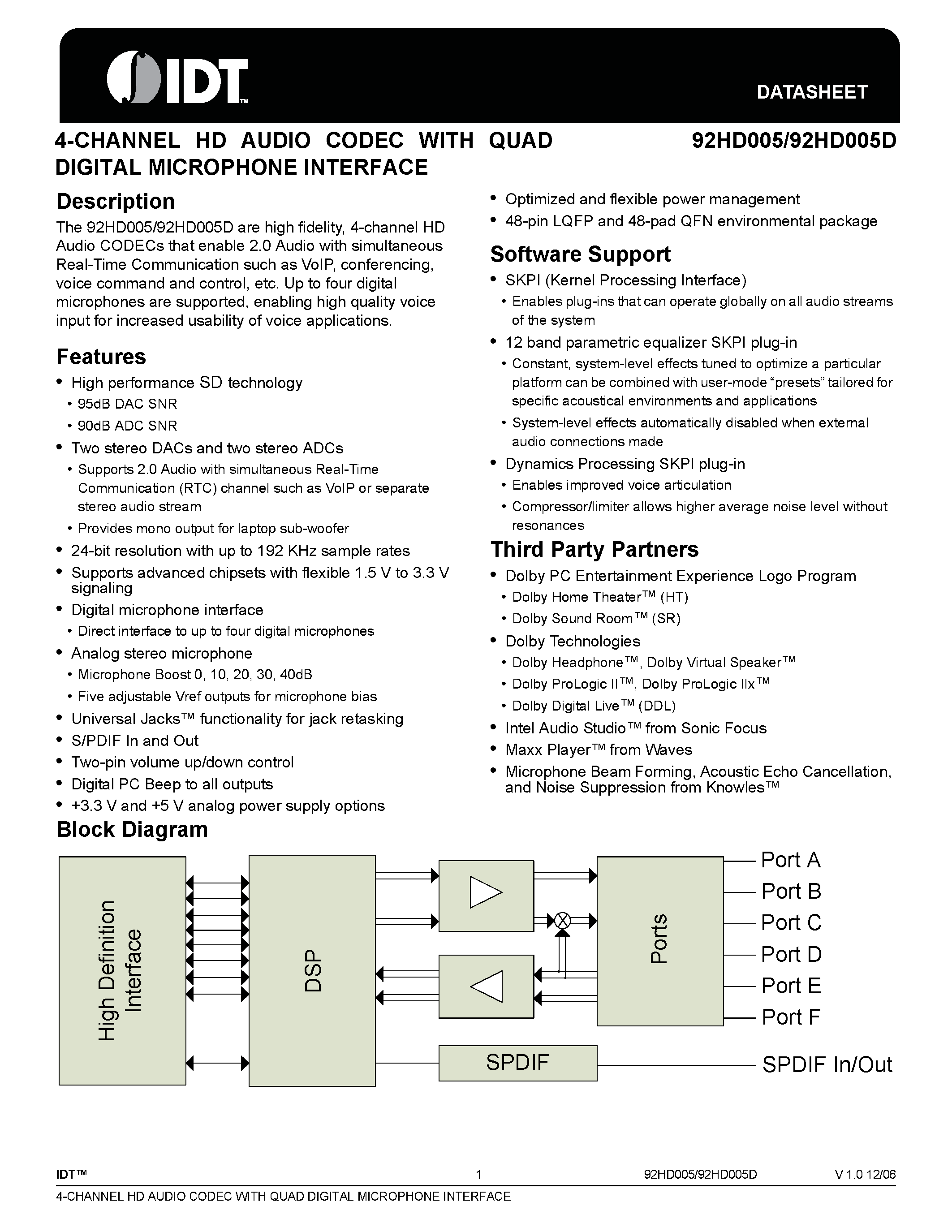Datasheet 92HD005 - 4-CHANNEL HD AUDIO CODEC page 1