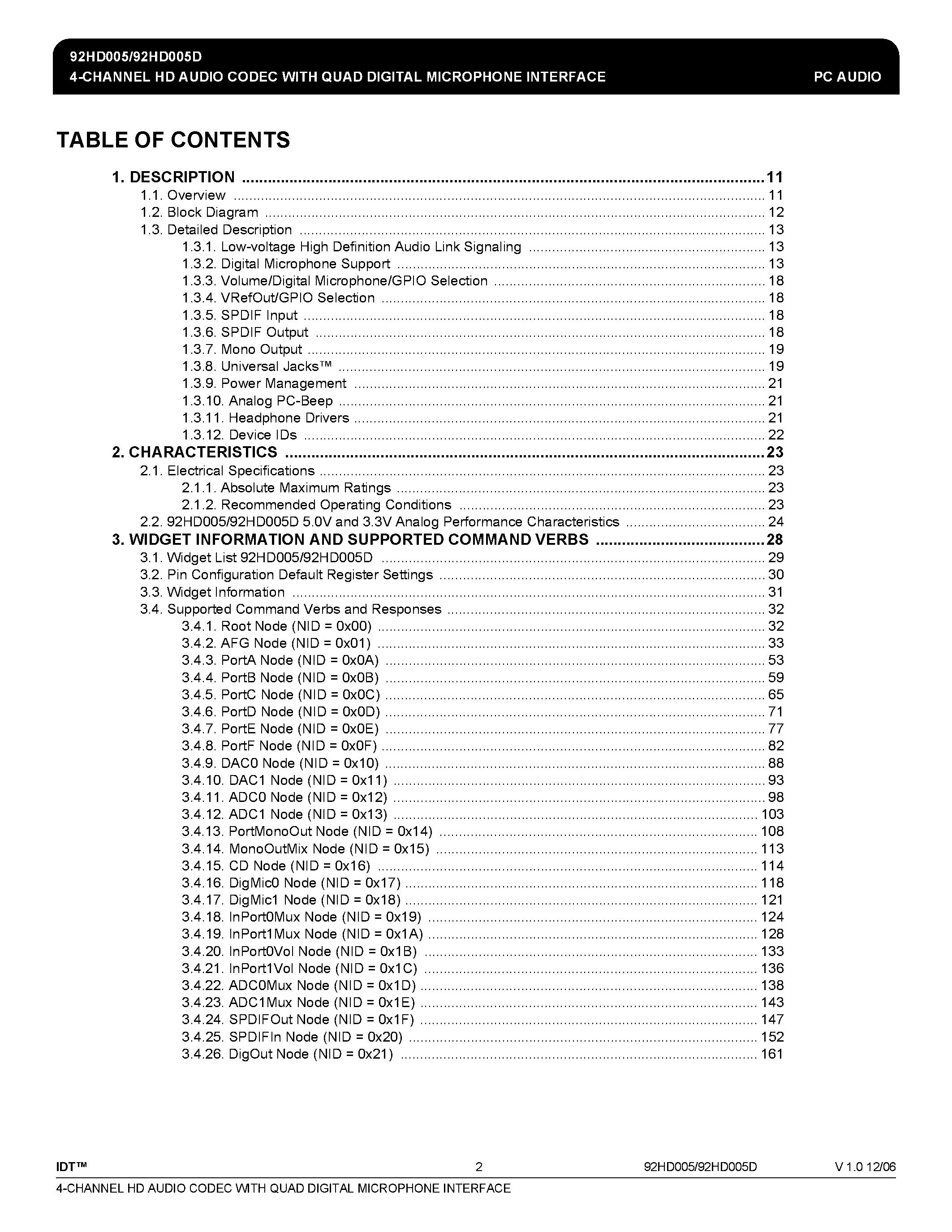 Datasheet 92HD005 - 4-CHANNEL HD AUDIO CODEC page 2