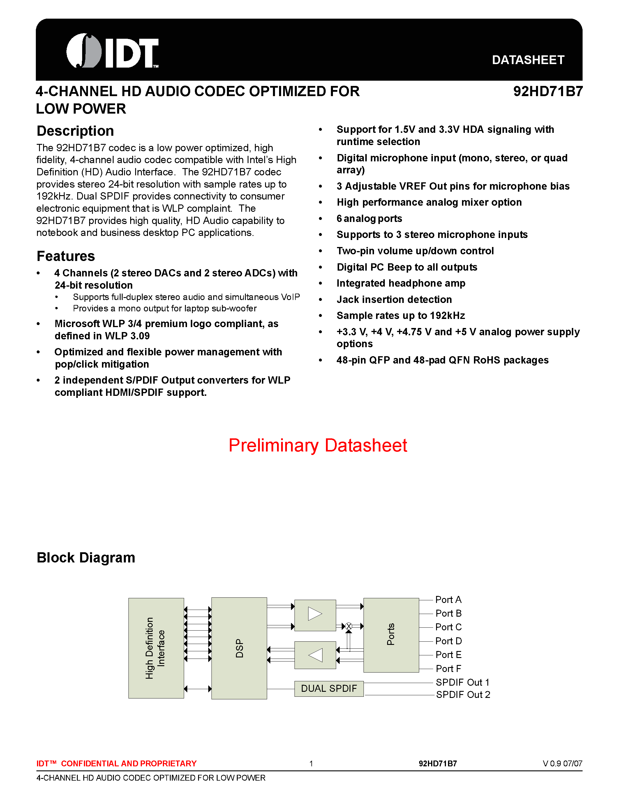 Datasheet 92HD71B7 - 4-CHANNEL HD AUDIO CODEC OPTIMIZED page 1