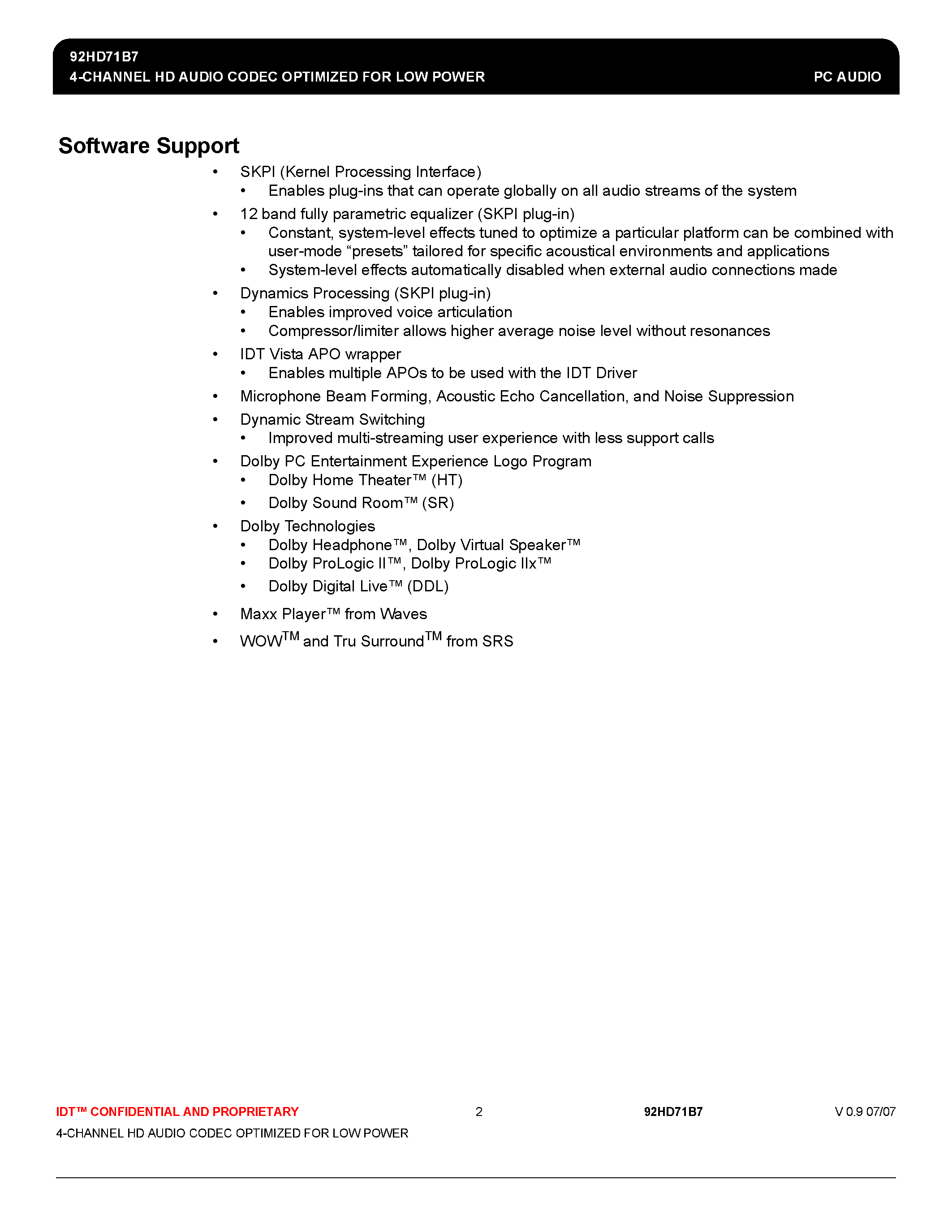 Datasheet 92HD71B7 - 4-CHANNEL HD AUDIO CODEC OPTIMIZED page 2