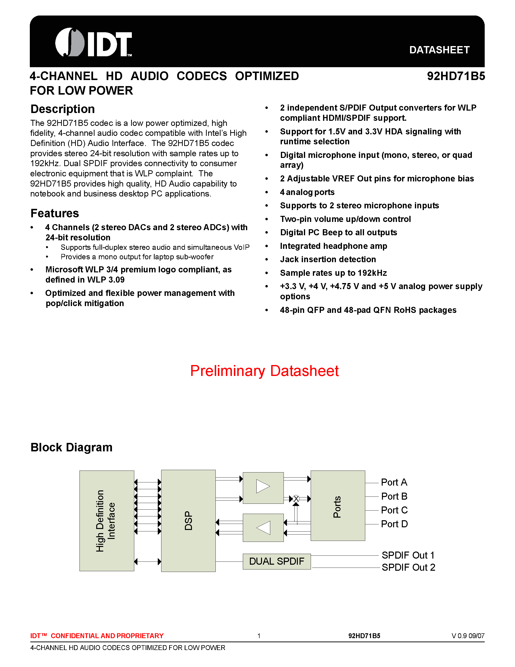 Datasheet 92HD71B5 - 4-CHANNEL HD AUDIO CODEC OPTIMIZED page 1