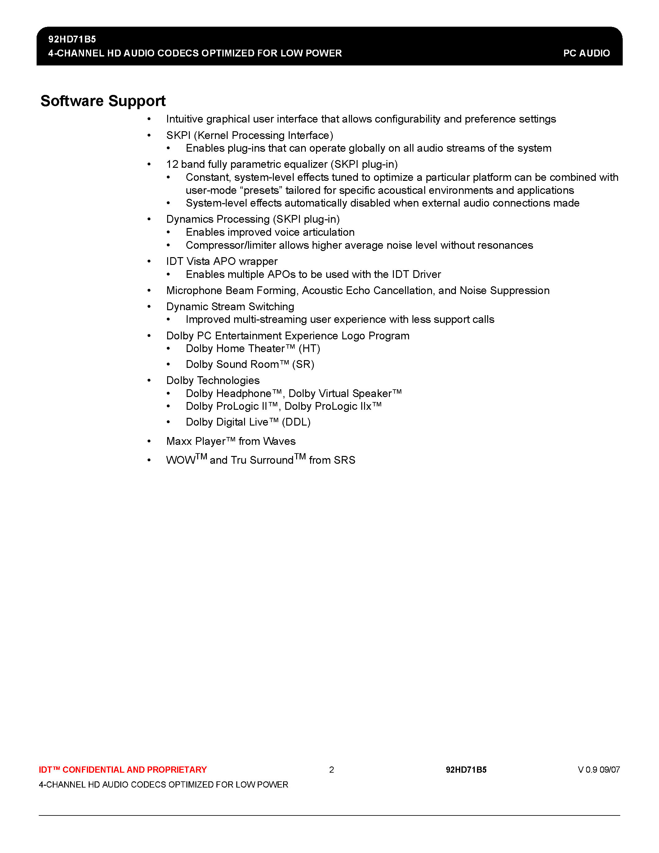 Datasheet 92HD71B5 - 4-CHANNEL HD AUDIO CODEC OPTIMIZED page 2