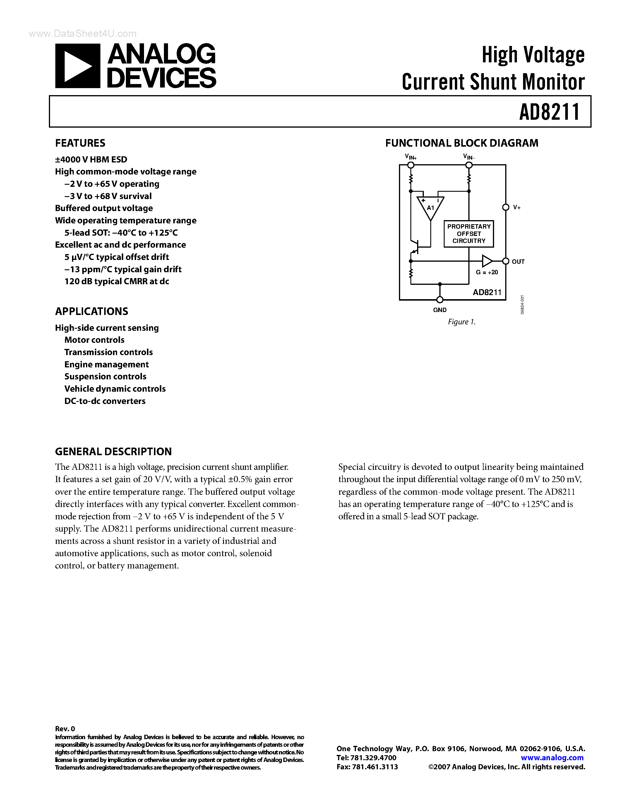 Даташит на микросхему AD8211 страница 1 Даташит AD8211 - High Voltage Current Shunt Monitor страница 1