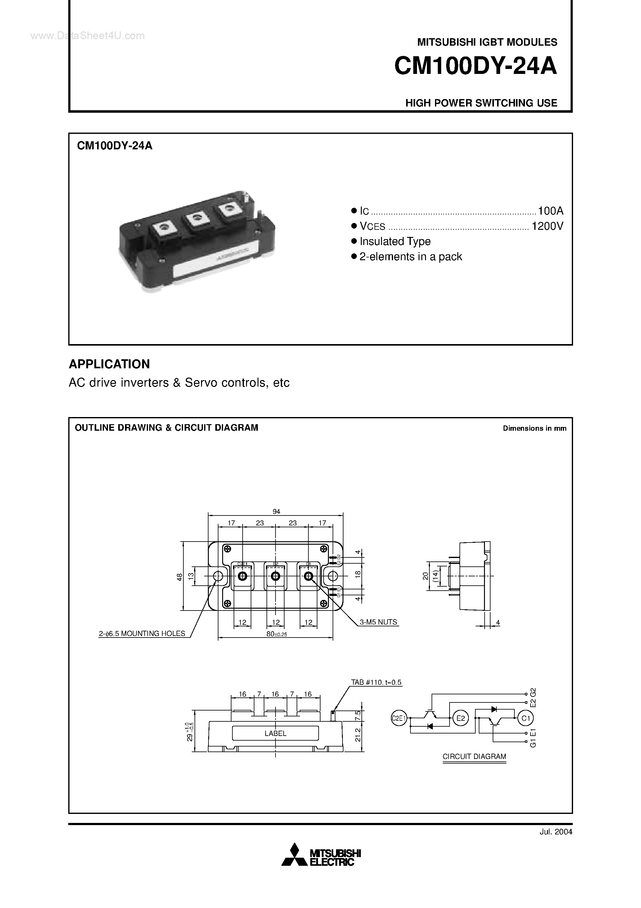 Даташит CM100DY-24A - HIGH POWER SWITCHING USE страница 1