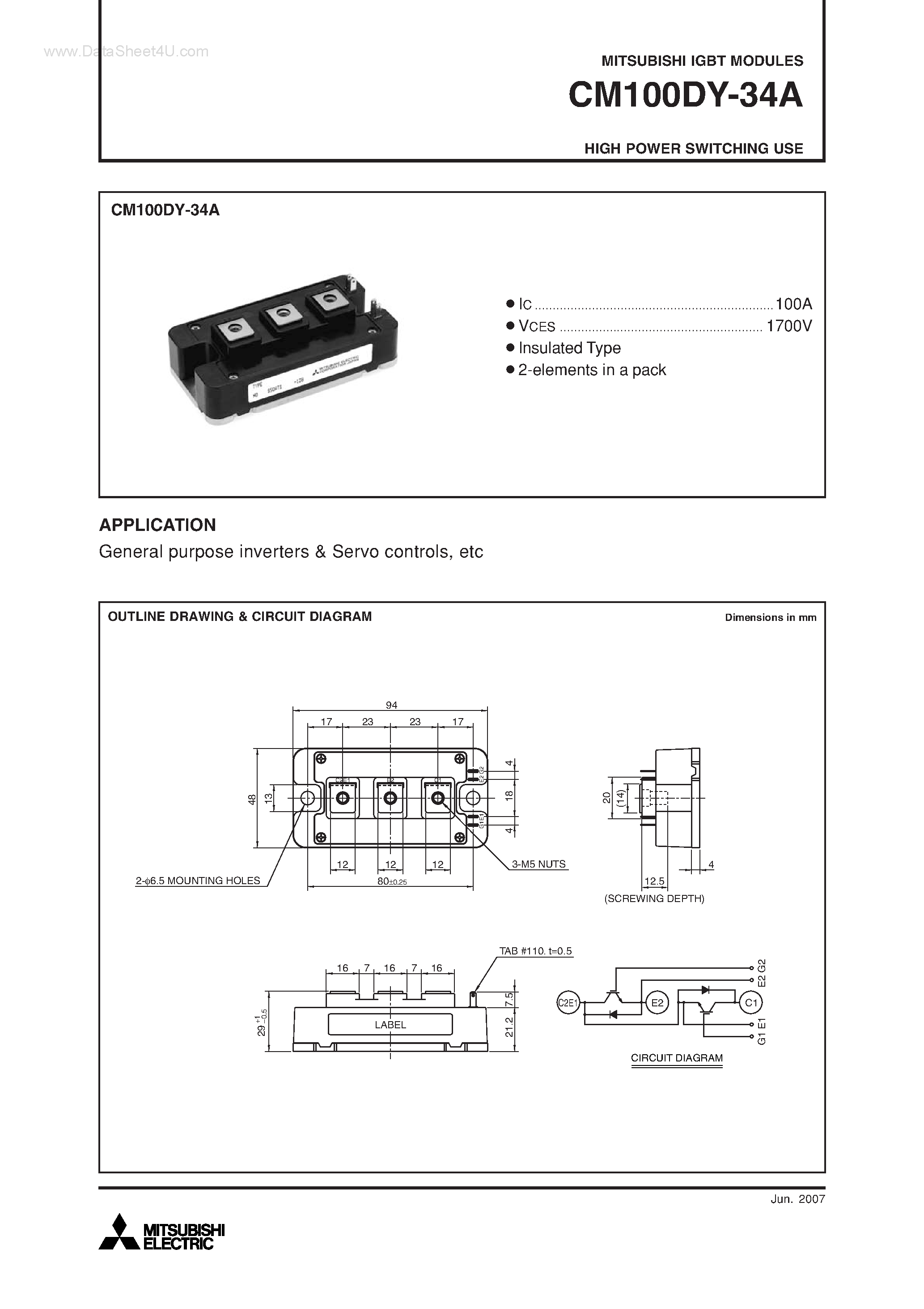 Даташит CM100DY-34A - HIGH POWER SWITCHING USE страница 1