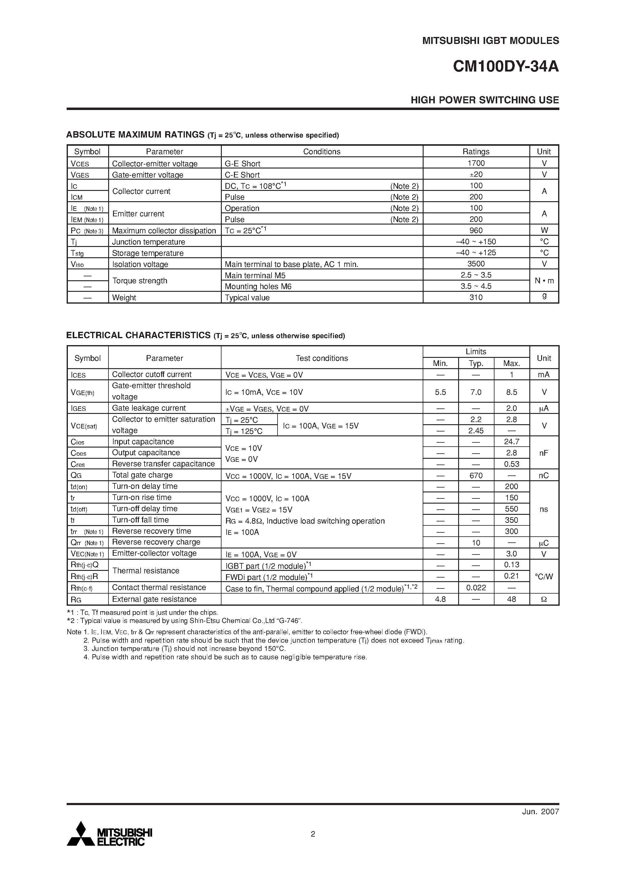 Даташит CM100DY-34A - HIGH POWER SWITCHING USE страница 2