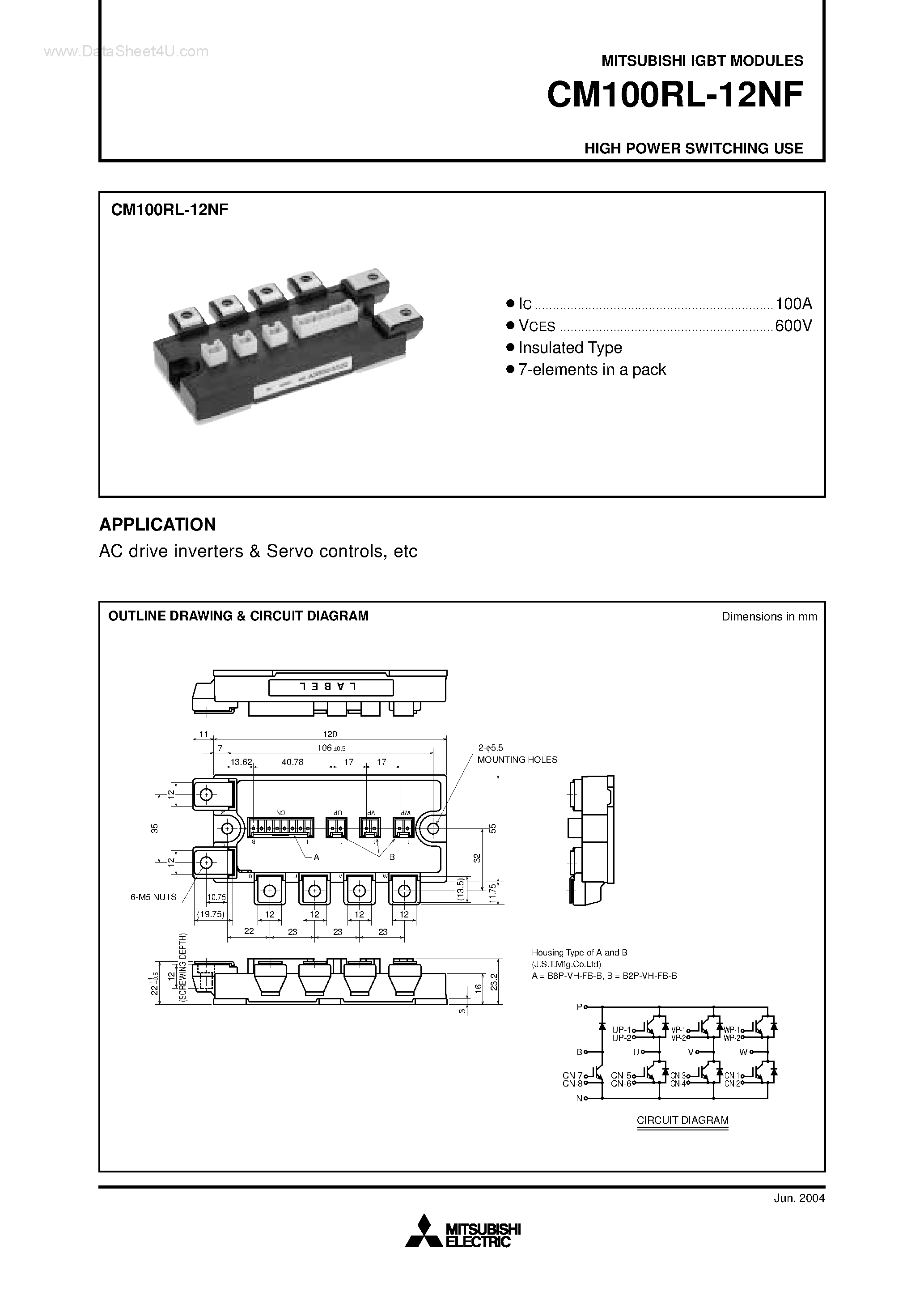 Даташит на микросхему CM100RL-12NF страница 1 Даташит CM100RL-12NF - HIGH POWER SWITCHING USE страница 1