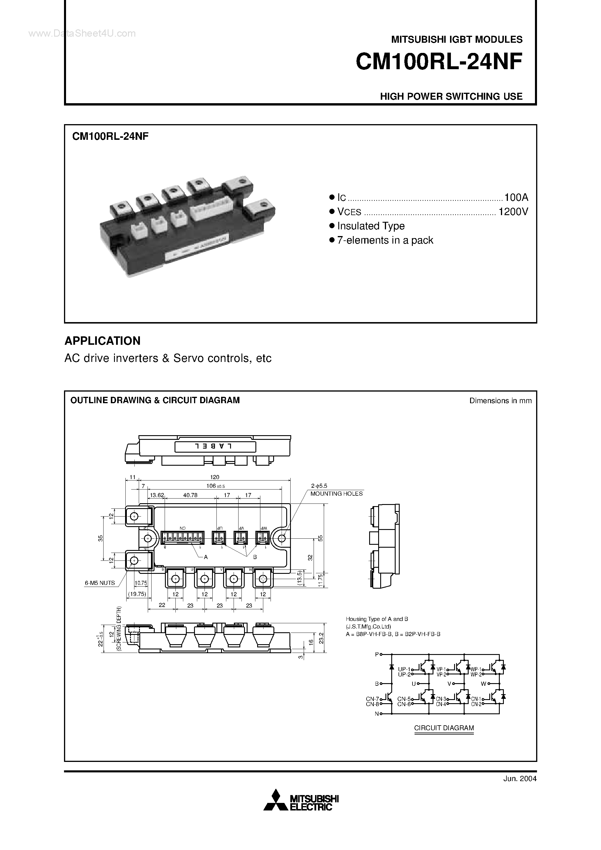Даташит на микросхему CM100RL-24NF страница 1 Даташит CM100RL-24NF - HIGH POWER SWITCHING USE страница 1