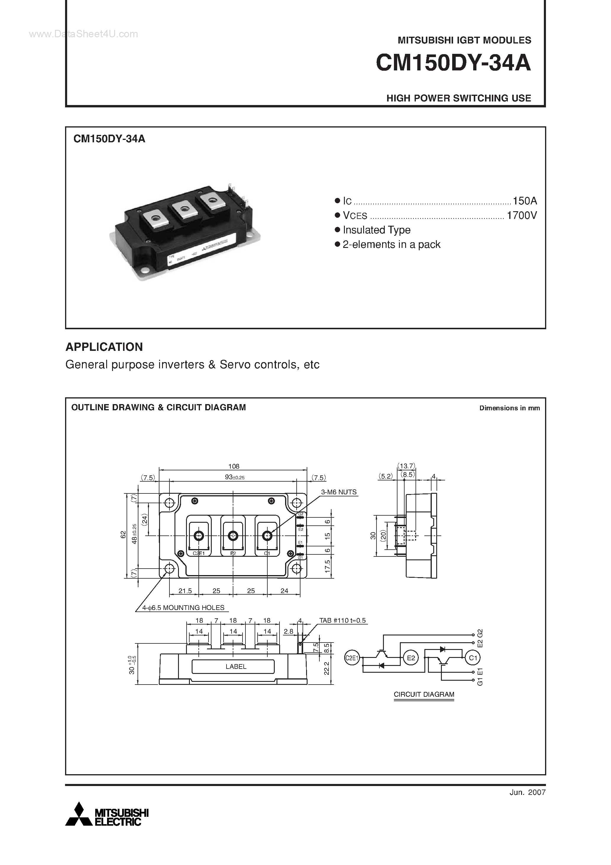 Даташит на микросхему CM150DY-34A страница 1 Даташит CM150DY-34A - HIGH POWER SWITCHING USE страница 1