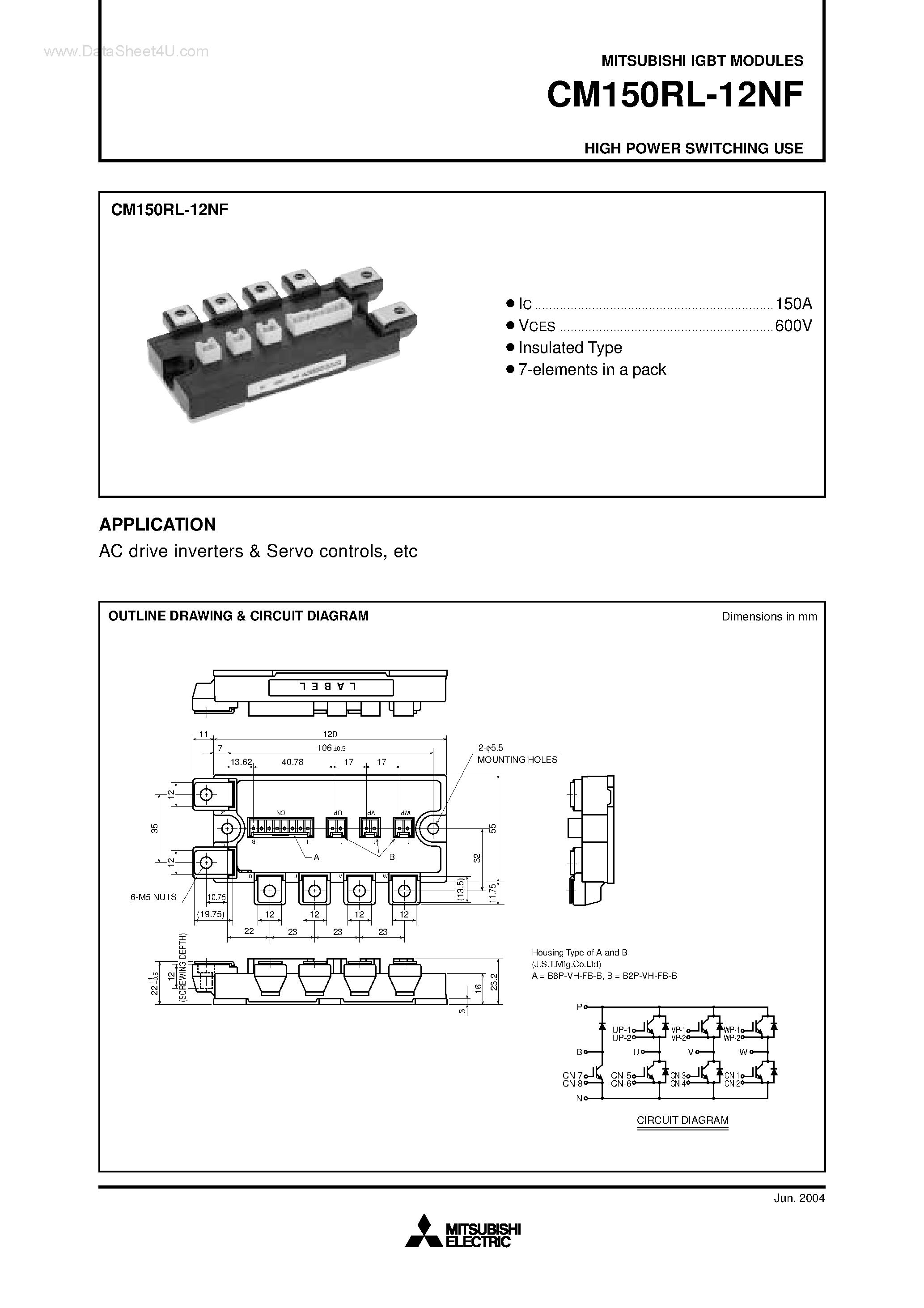 Даташит на микросхему CM150RL-12NF страница 1 Даташит CM150RL-12NF - HIGH POWER SWITCHING USE страница 1