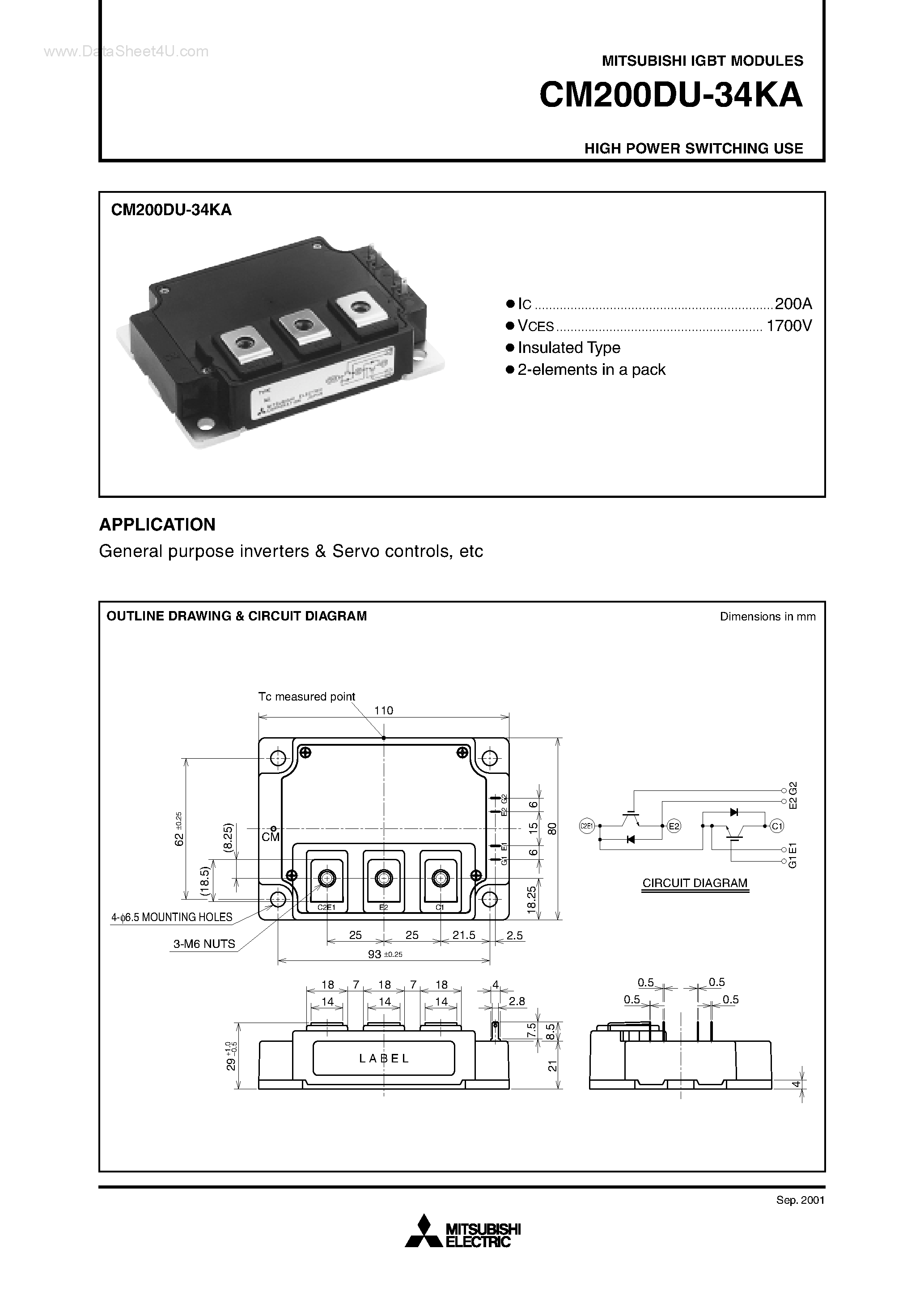 Даташит на микросхему CM200DU-34KA страница 1 Даташит CM200DU-34KA - HIGH POWER SWITCHING USE страница 1