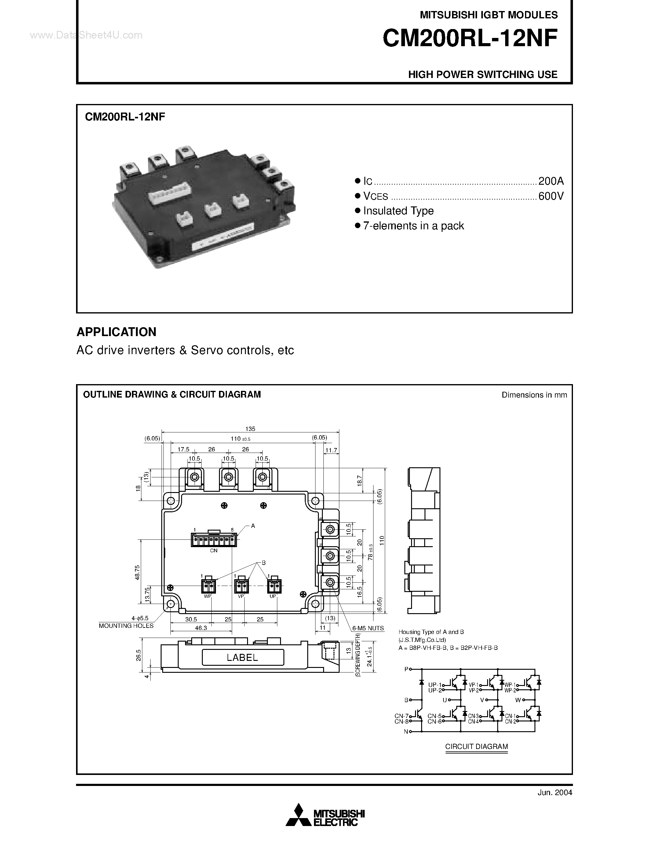 Даташит на микросхему CM200RL-12NF страница 1 Даташит CM200RL-12NF - HIGH POWER SWITCHING USE страница 1