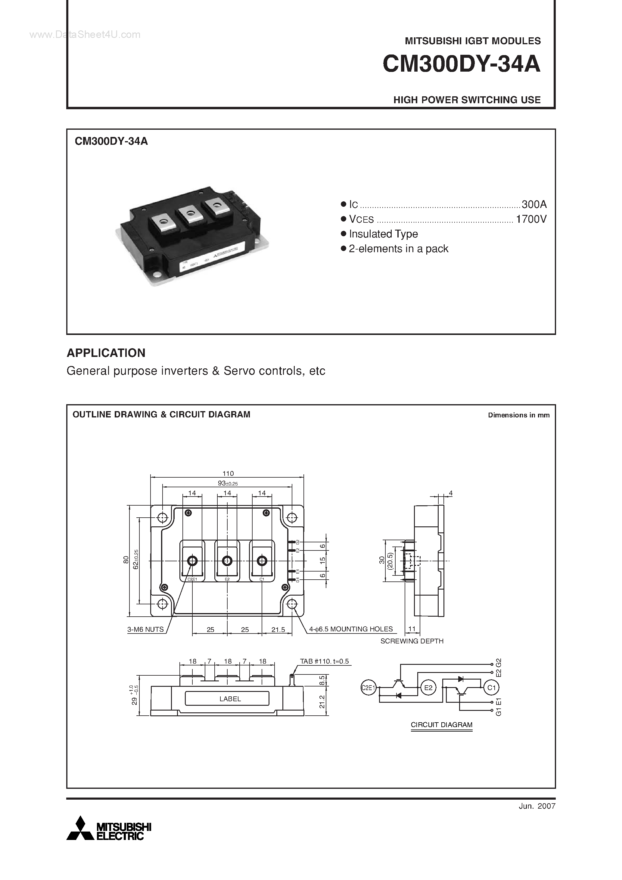 Даташит на микросхему CM300DY-34A страница 1 Даташит CM300DY-34A - HIGH POWER SWITCHING USE страница 1