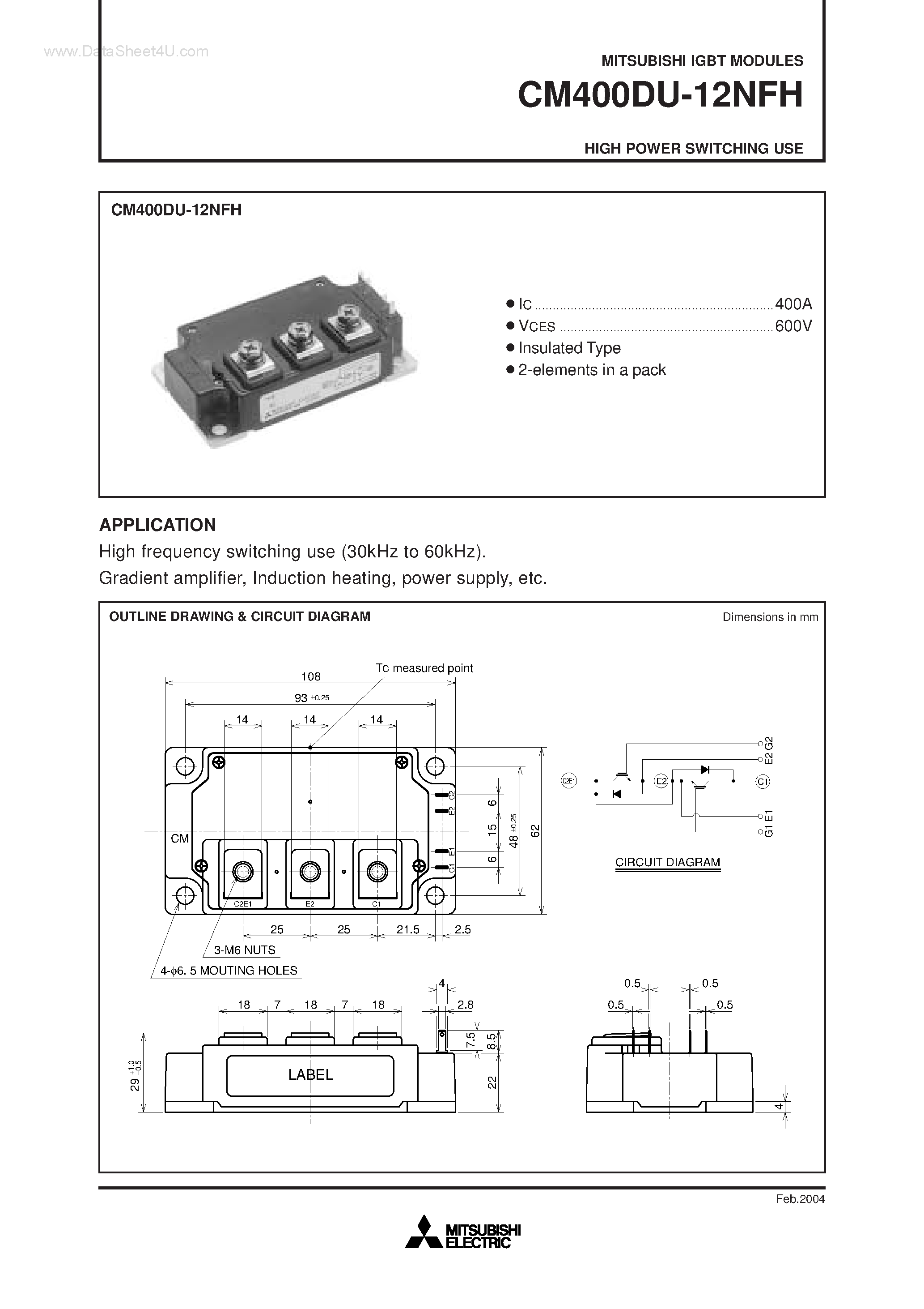 Даташит на микросхему CM400DU-12NFH страница 1 Даташит CM400DU-12NFH - HIGH POWER SWITCHING USE страница 1